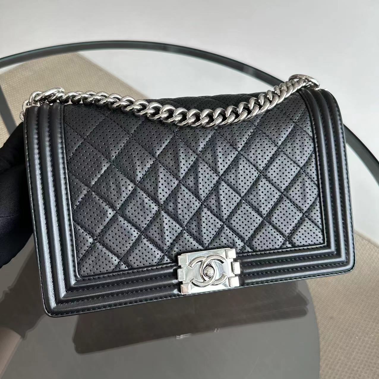 Chanel Boy Medium - 28CM Quilted Lambskin Perforated Black Silver Hardware Series 19