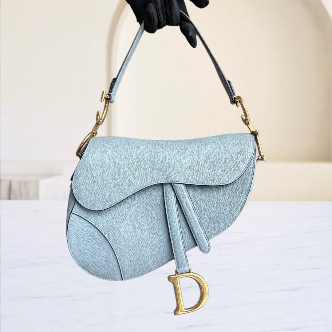 Dior Saddle Medium - 25CM Grained Calfskin Haze Blue Gold Hardware