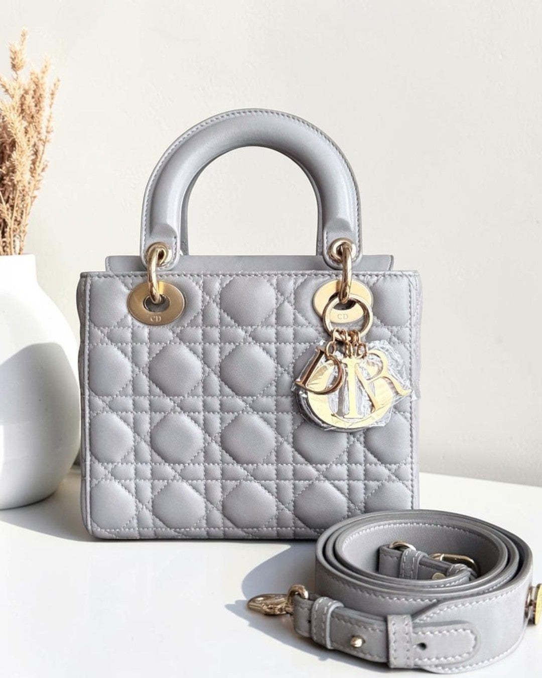 Dior Lady Small - Cannage Lambskin Light Grey Gray Gold Hardware