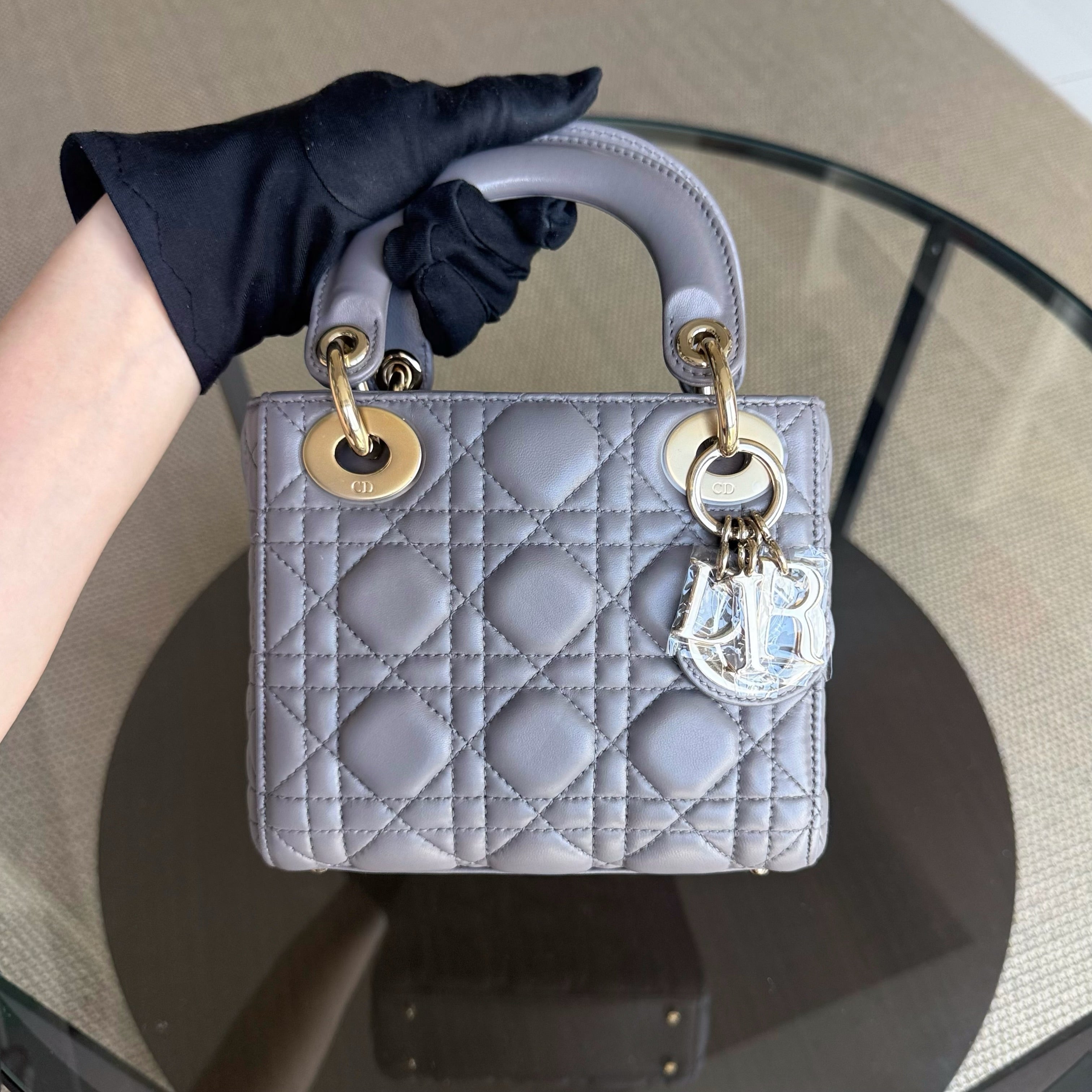 Dior Lady Mini - Cannage Lambskin Grey Gray Gold Hardware Adjustable Strap