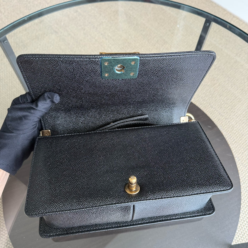 Chanel Boy Medium - Caviar 25CM Quilted Grained Calfskin Black Gold Hardware Series 19