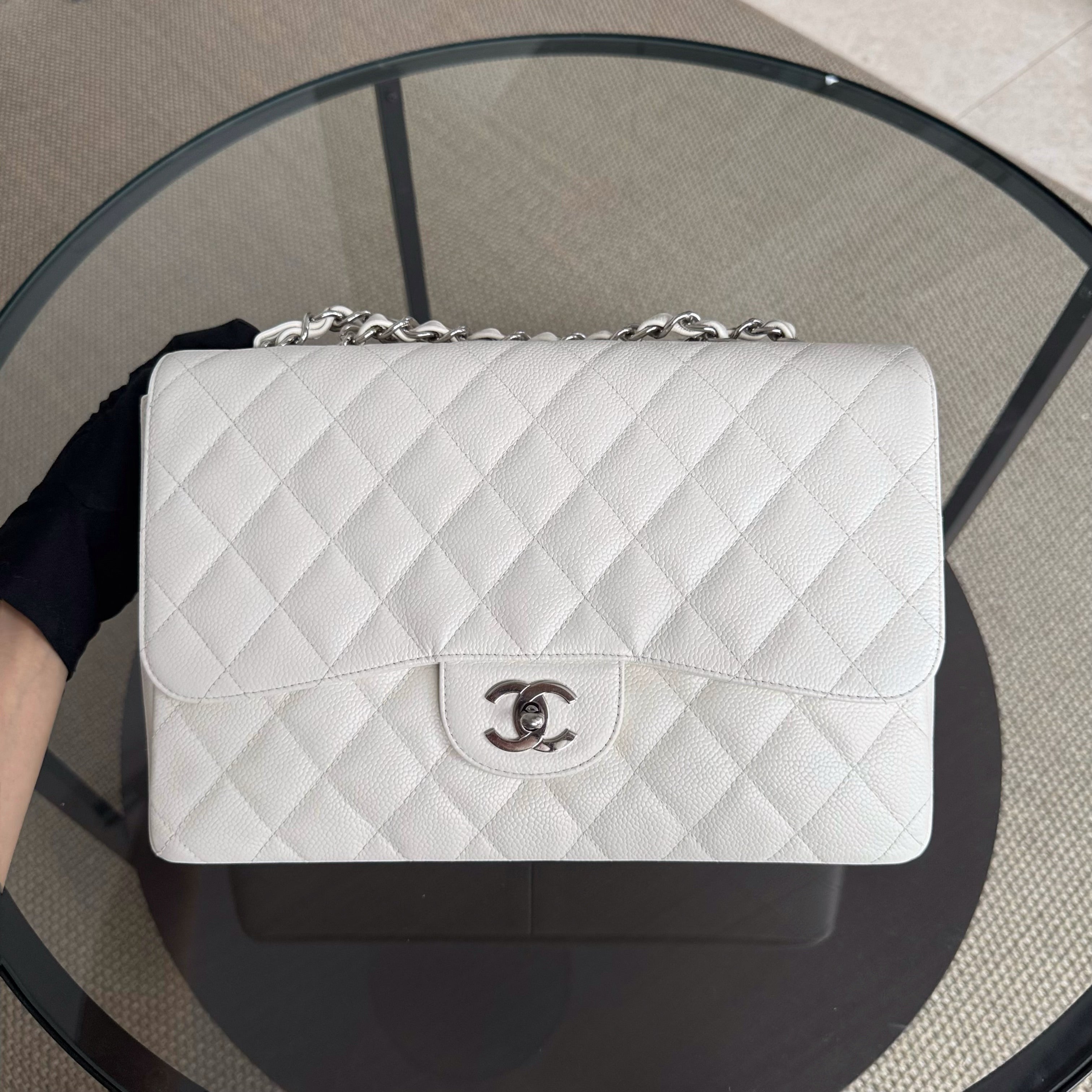 Chanel Classic Flap Jumbo - Caviar 30CM Single Flap Quilted White Silver Hardware Series 10