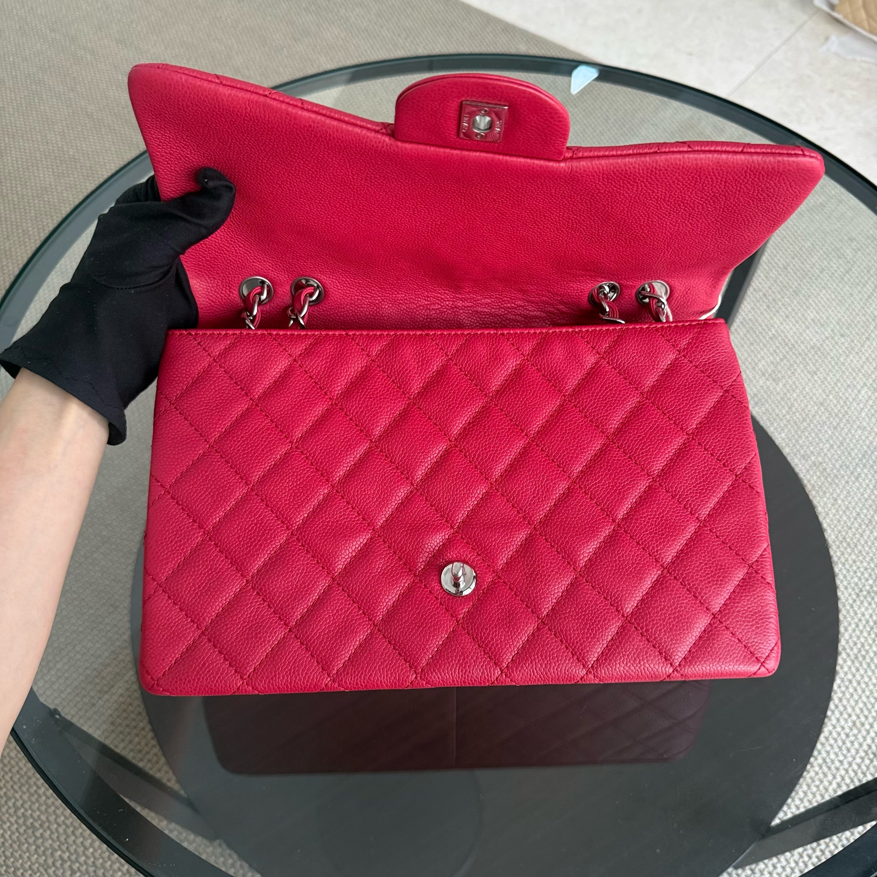 Chanel Classic Flap Jumbo - Caviar 30CM Single Flap Quilted Pink Red Silver Hardware Series 12
