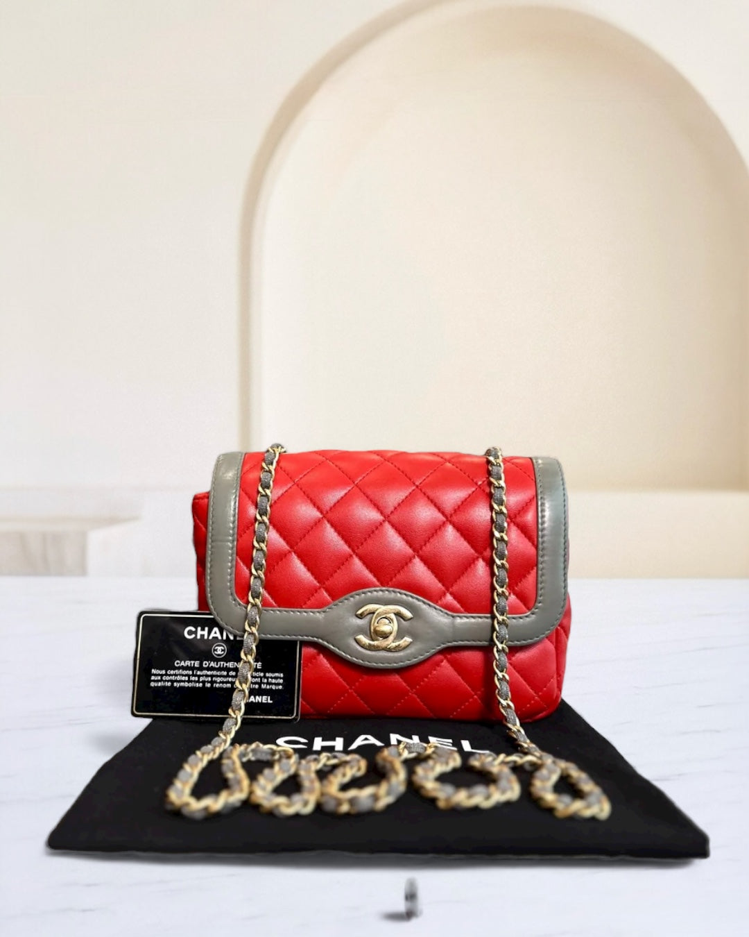Chanel Seasonal Flap Two-Tone Quilted Lambskin Red Grey GHW No 23
