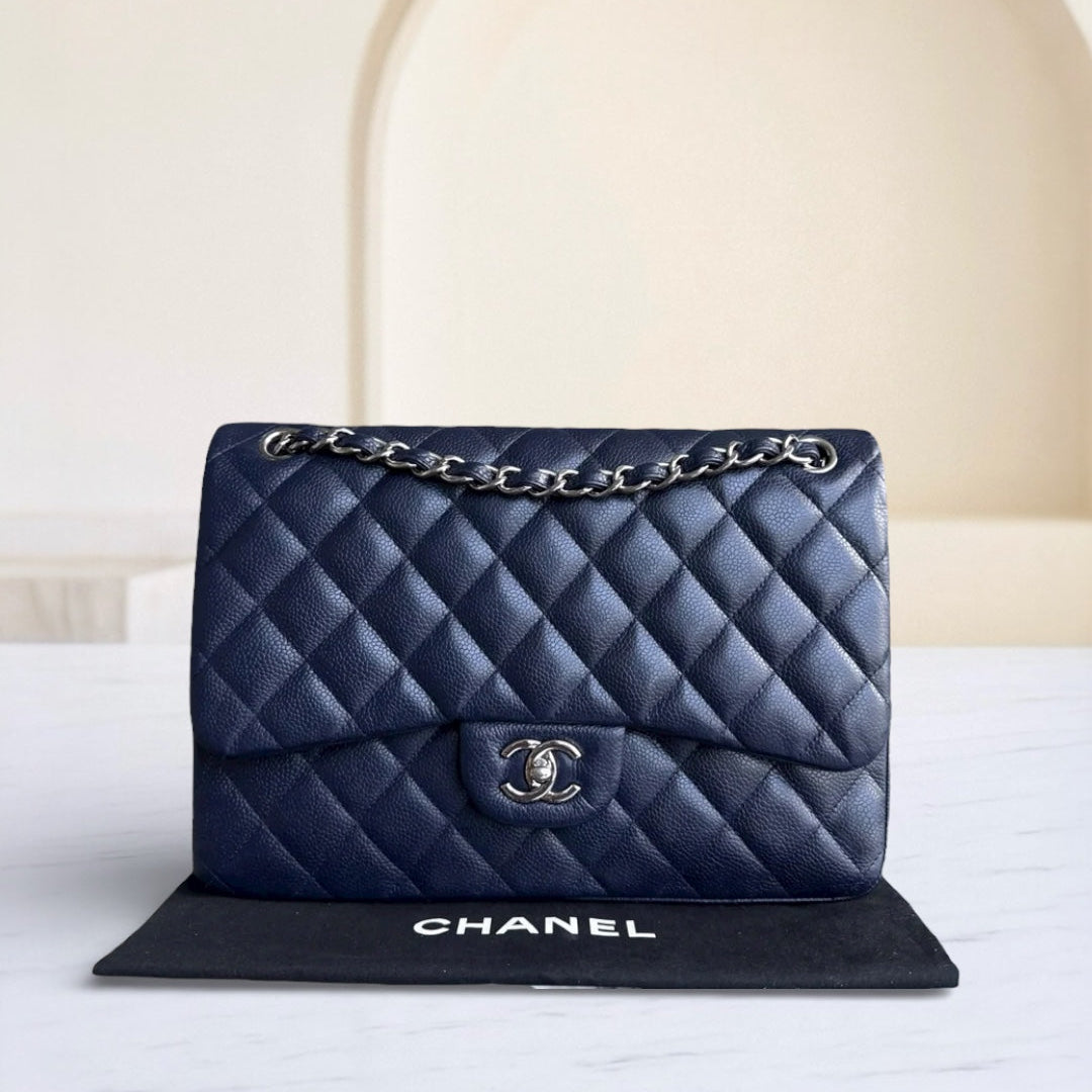 Chanel Classic Flap Jumbo - Caviar Double Flap 30CM Quilted Grained Calfskin Dark Navy Blue Silver Hardware