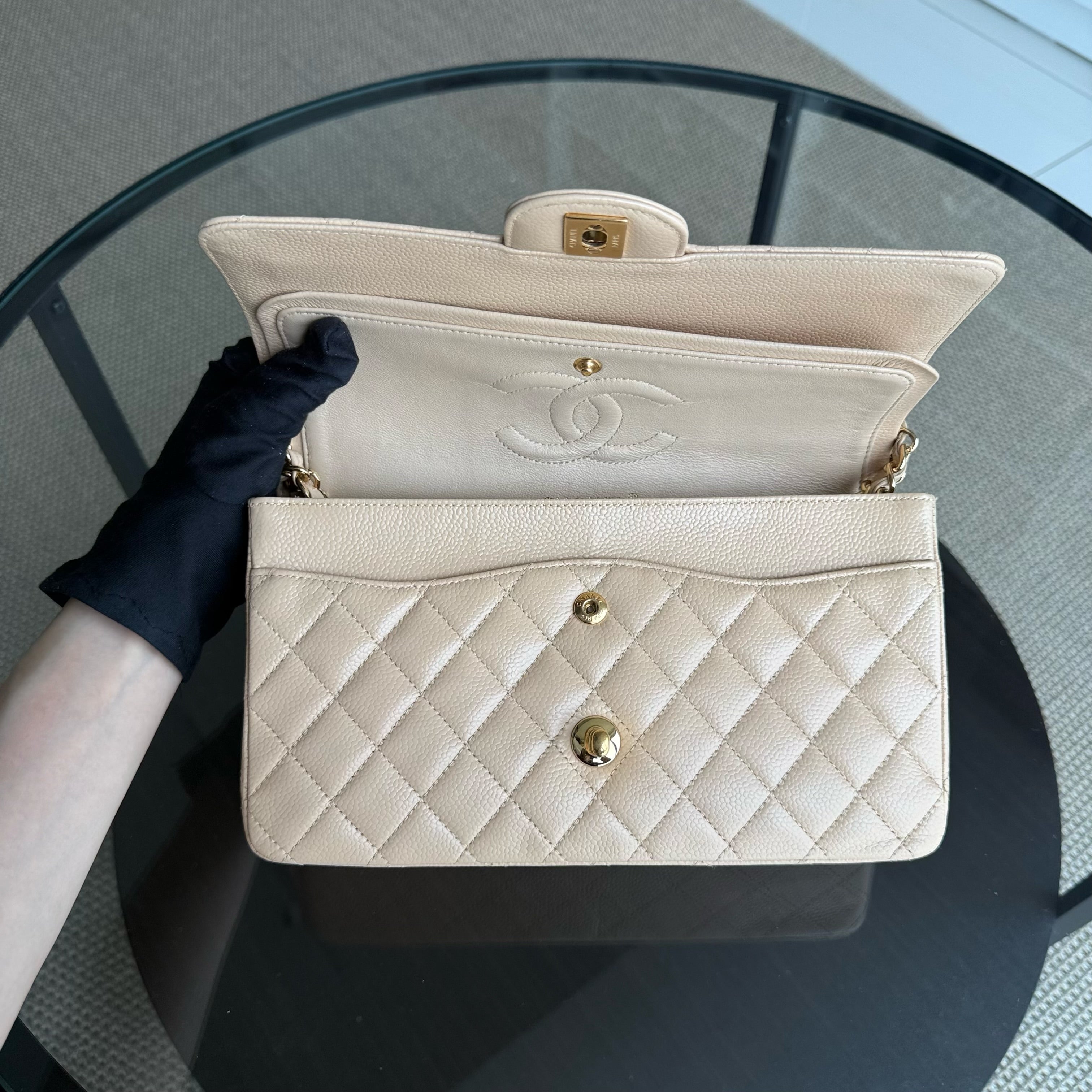 Chanel Classic Flap Medium - Caviar 25CM Quilted Grained Calfskin Beige Gold Hardware Series 16