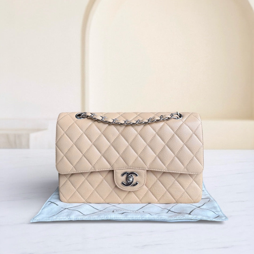 Chanel Classic Flap Medium - 25CM Quilted Caviar Beige Silver Hardware Series 12