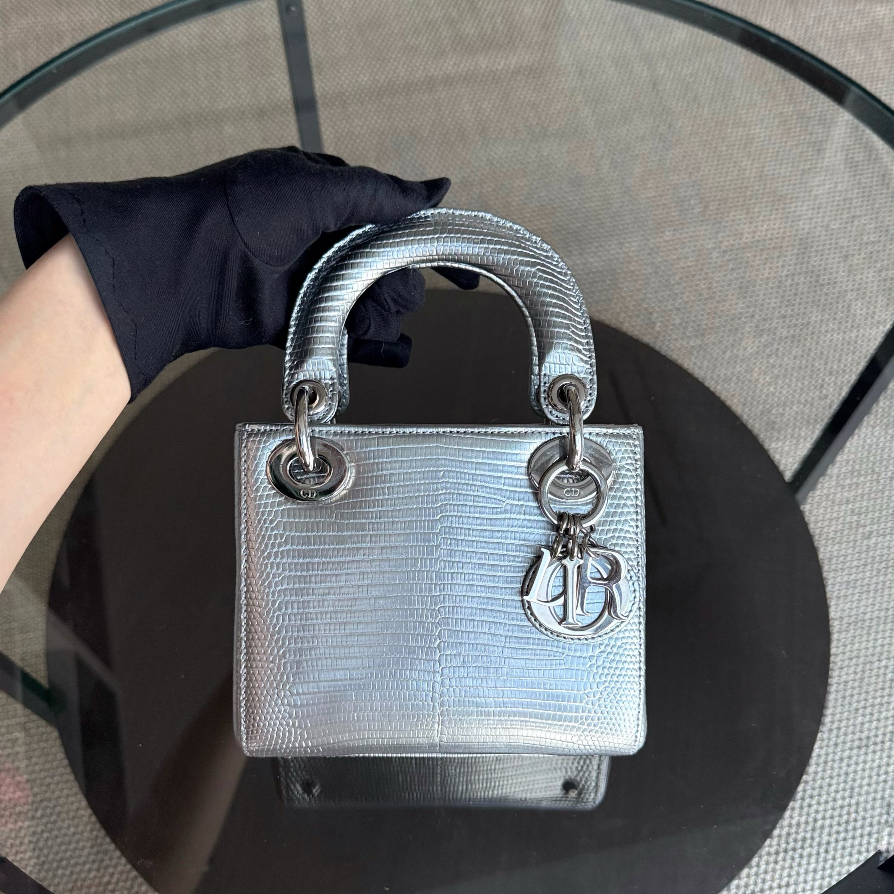 Dior Lady Mini - Exotic Lizard Gray Silver Hardware