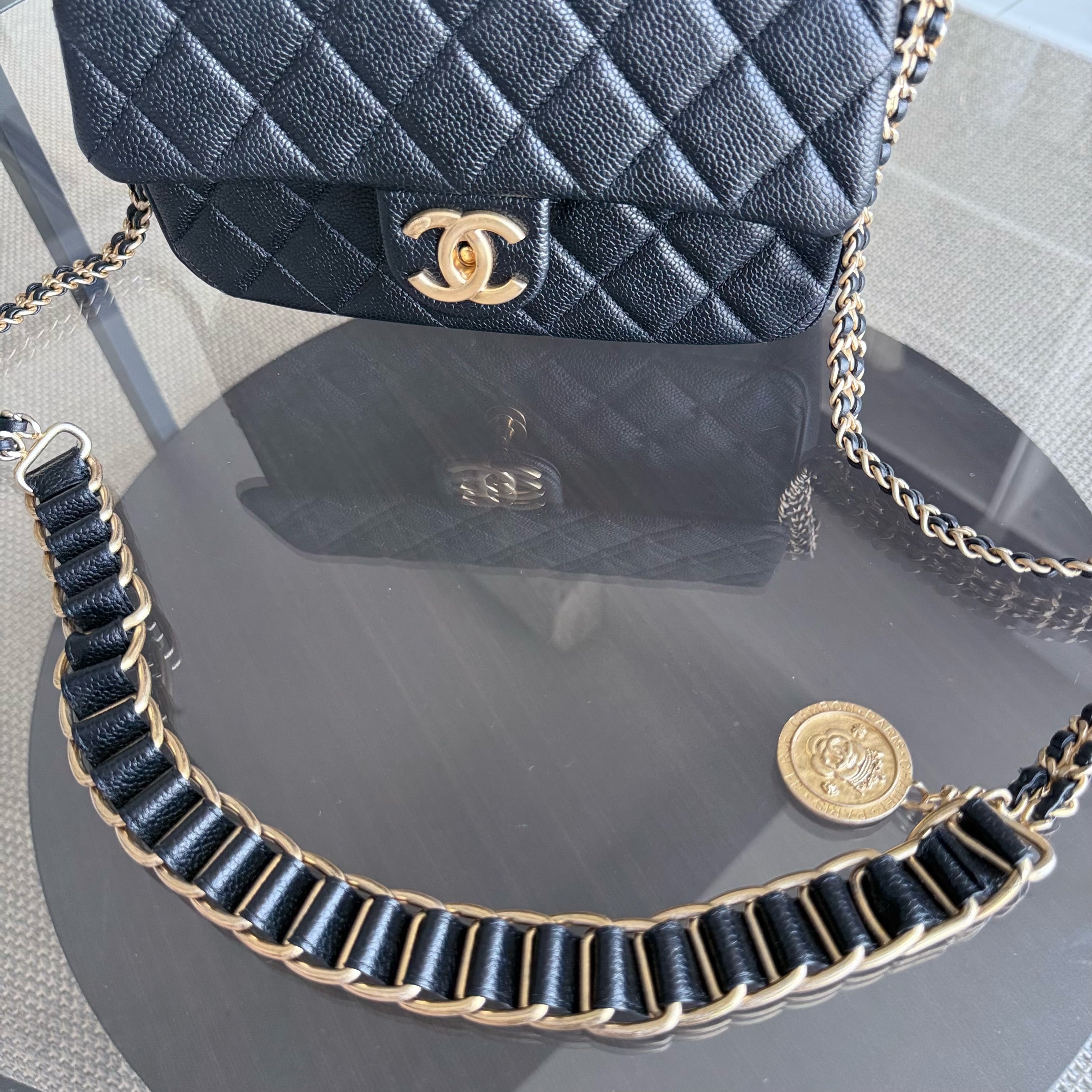 Chanel Seasonal Flap Bag - Caviar Quilted Medallion Soul Black Caviar Gold Hardware Microchip