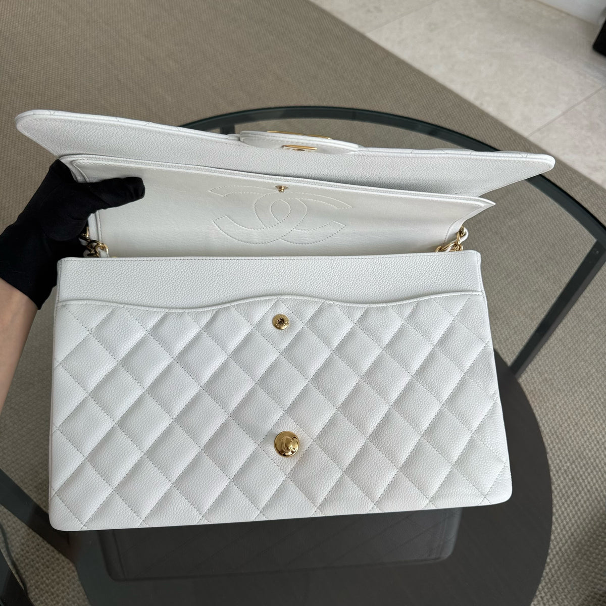 Chanel Classic Flap Maxi - Caviar 33CM Double Flap White Gold Hardware