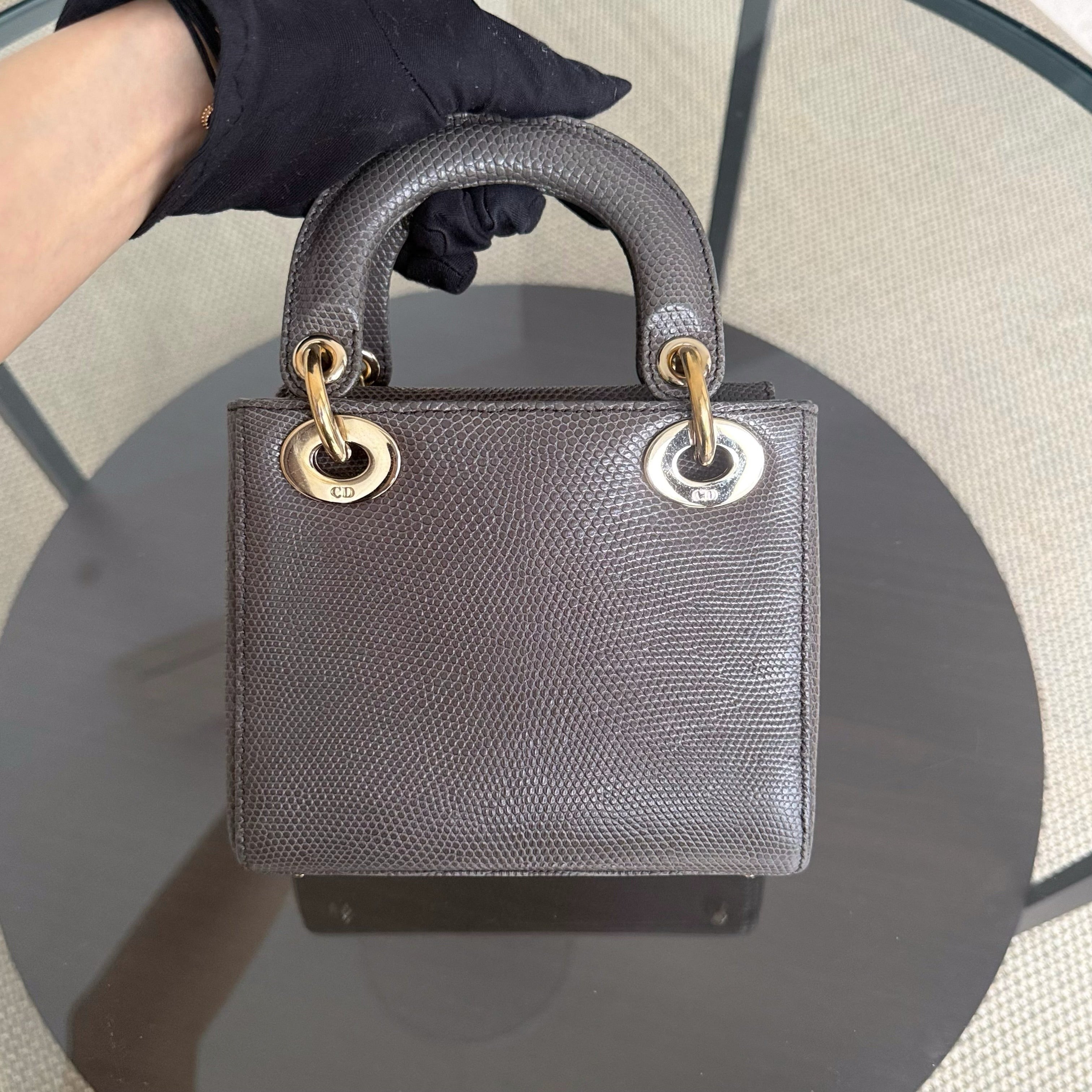 Dior Lady Mini - Exotic Lizard Dark Gray Grey color Gold Hardware