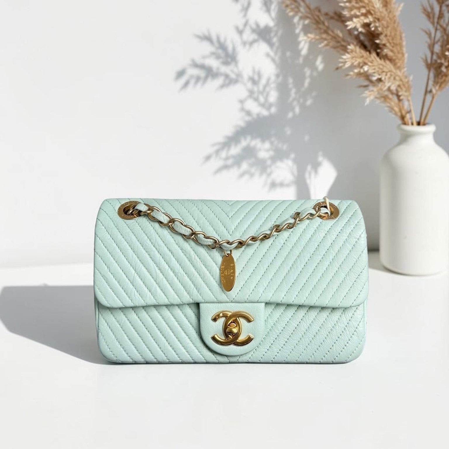 Chanel Seasonal Flap Small - 23CM Surpique CC Herringbone Medallion Flap Chevron Mint Green Gold Hardware Series 20