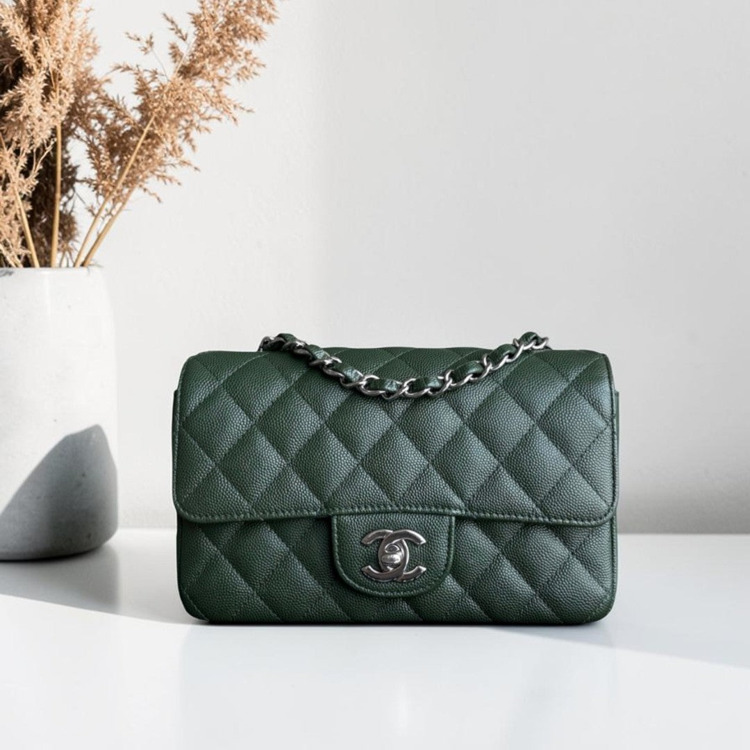 Chanel Caviar Mini Rectangle Classic Flap - 20CM Quilted Dark Green Silver Hardware Series 25