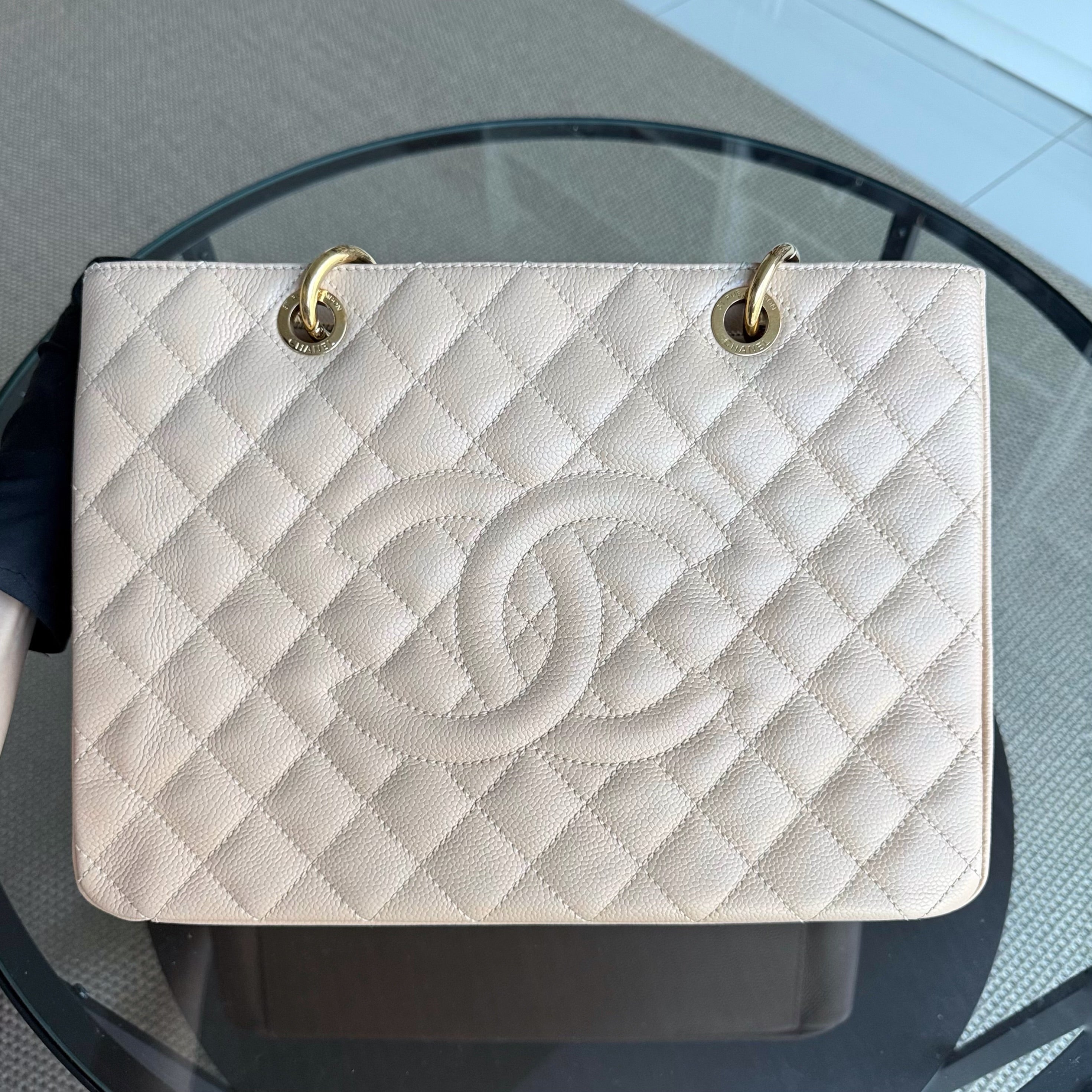 Chanel GST Grand Shopping Tote - Caviar Grained Calfskin Light Beige Gold Hardware Series 14