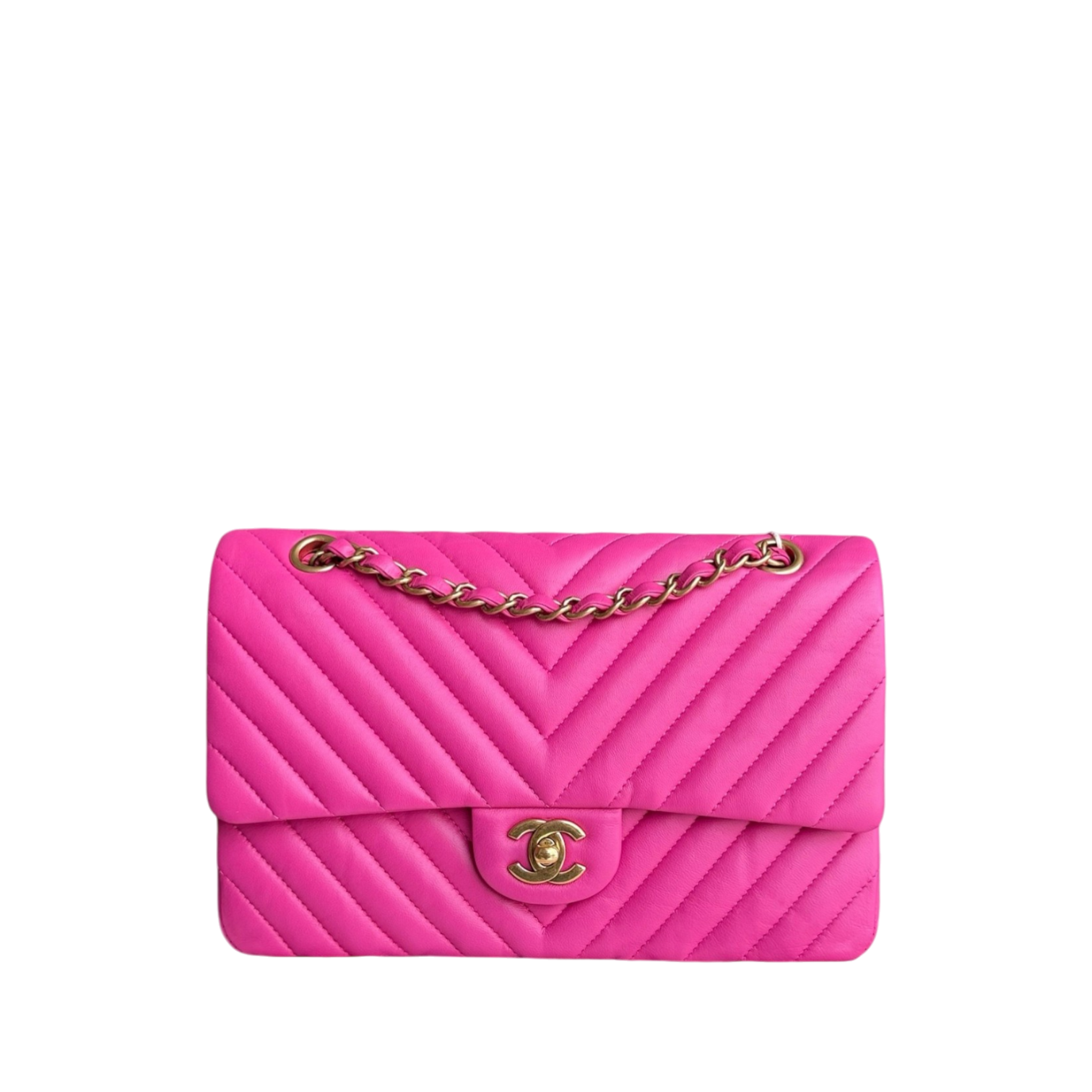 Chanel Classic Flap Medium - Chevron Lambskin Double Flap Hot Pink Gold Hardware Series 21