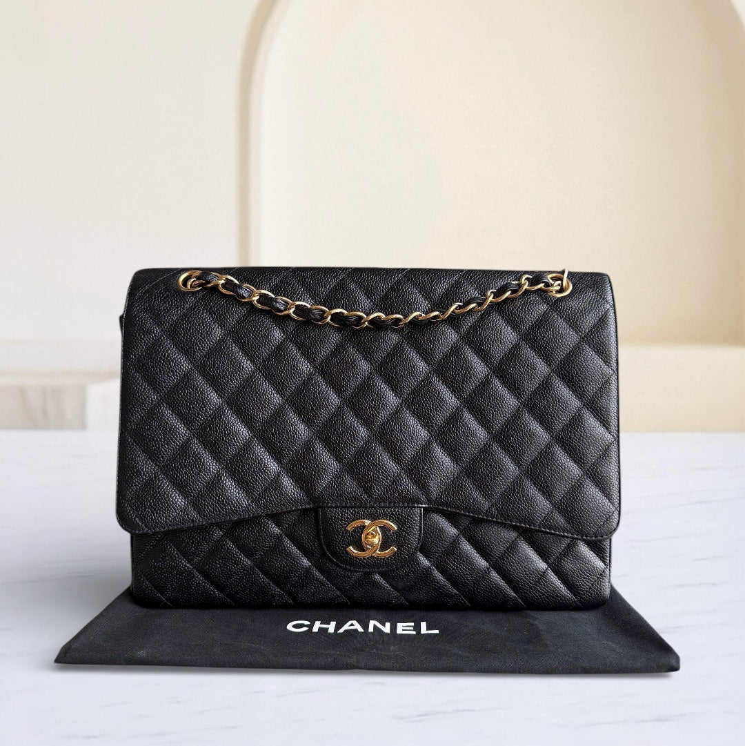 Chanel Classic Flap Maxi - Caviar 33CM Single Flap Black Gold Hardware Series 13
