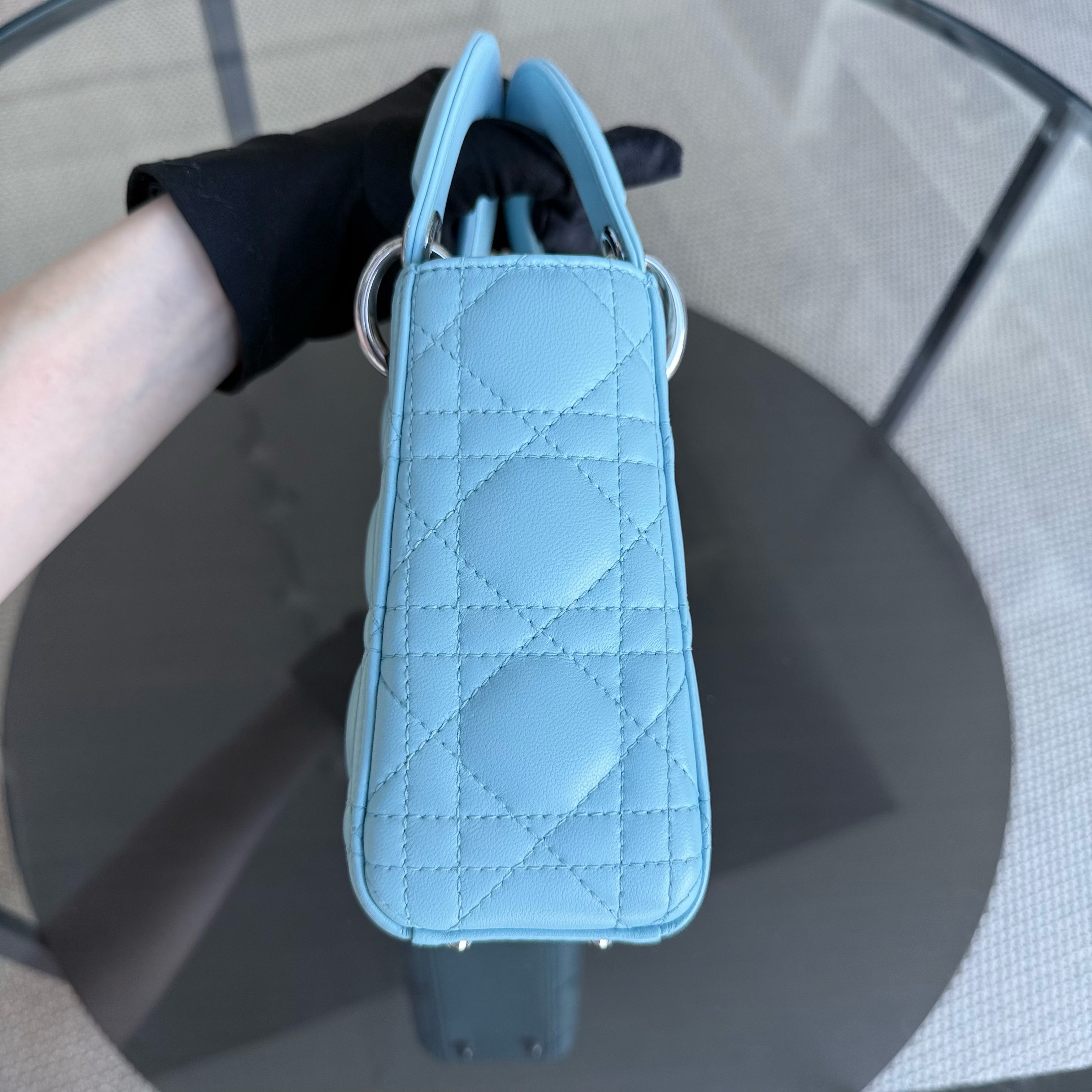 Dior Lady Mini - Cannage Lambskin Light Blue Silver Hardware Adjustable strap