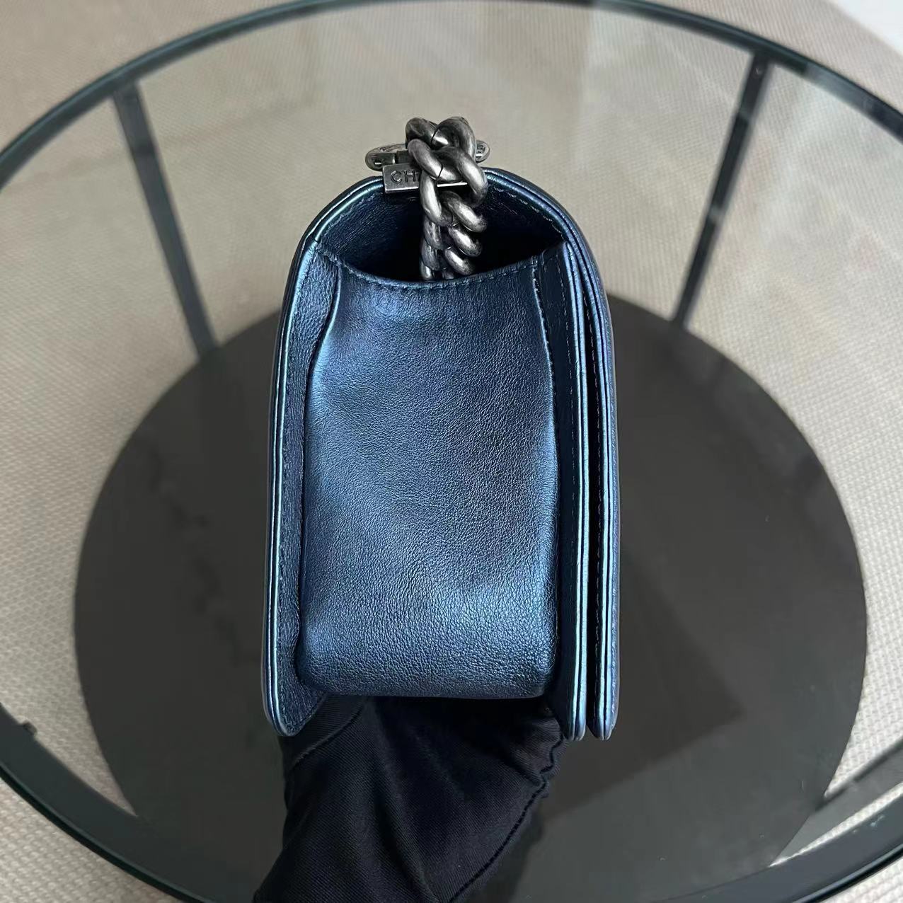 Chanel Boy - Old Medium Calfskin Metallic Blue Ruthenium Silver Hardware Series 18