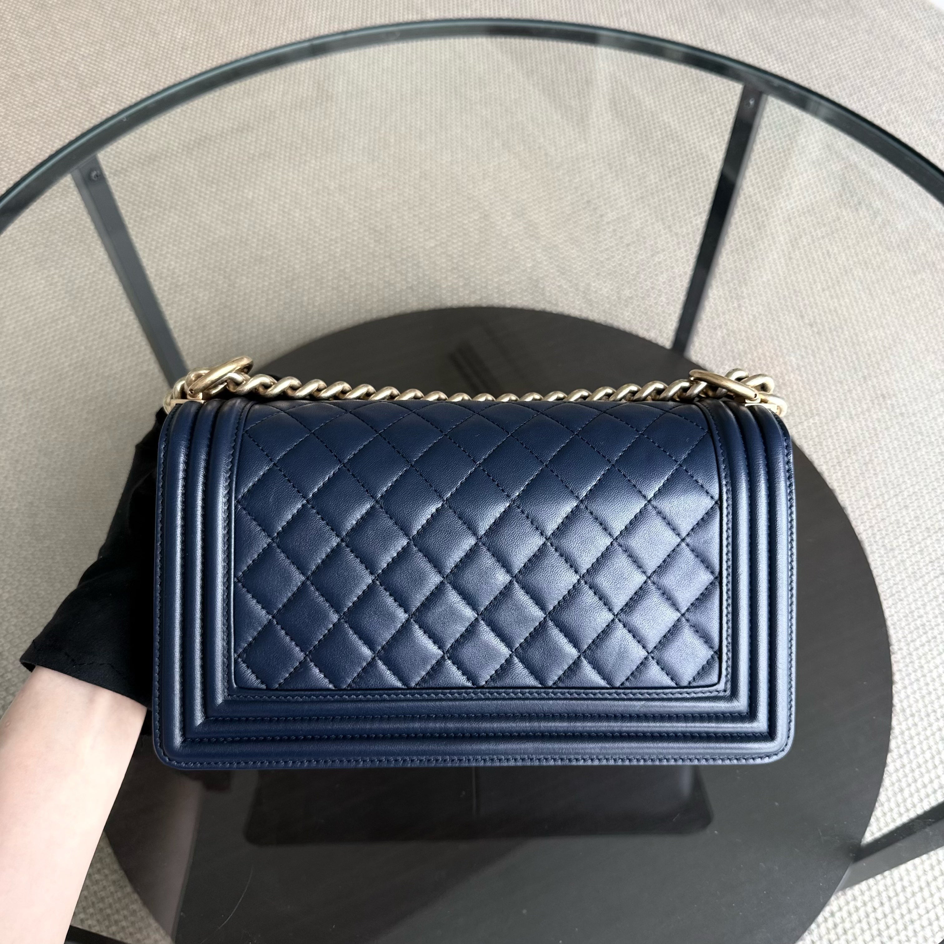 Chanel Boy Meidum - 25CM Quilted Lambskin Dark Blue Gold Hardware Series 21