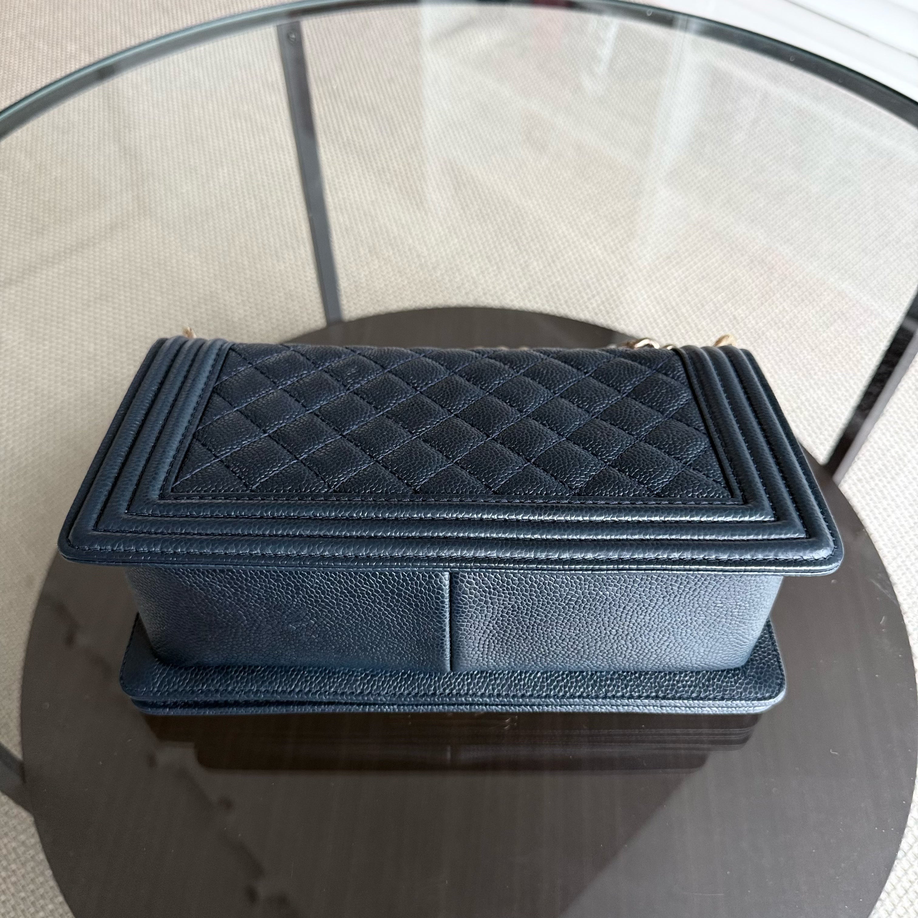 Chanel Boy Medium - Caviar 25CM Quilted Dark Blue Ruthenium Gold Hardware Series 19