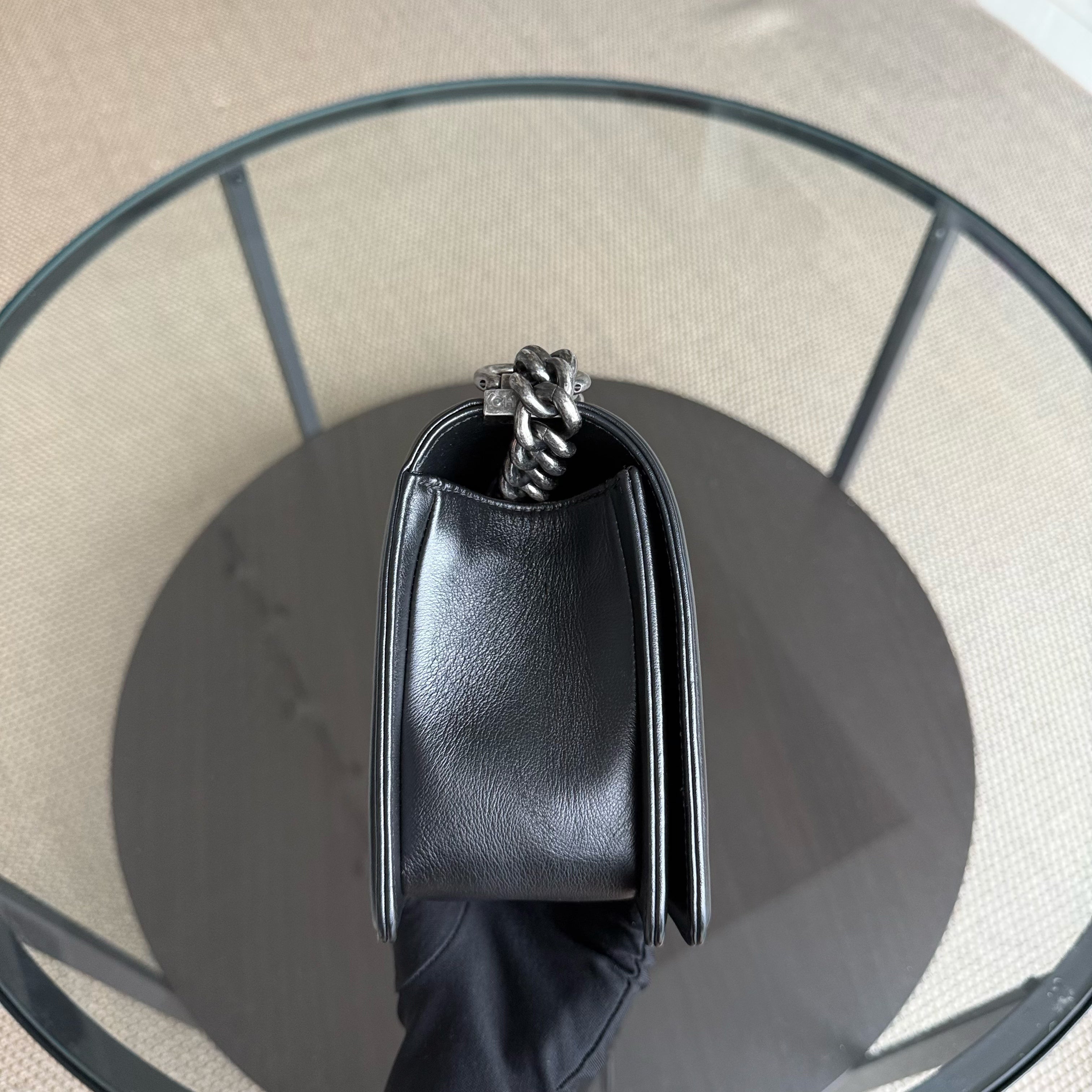 Chanel Boy Medium - Grained Calfskin 25CM Quilted Black Ruthenium Silver Hardware Series 24