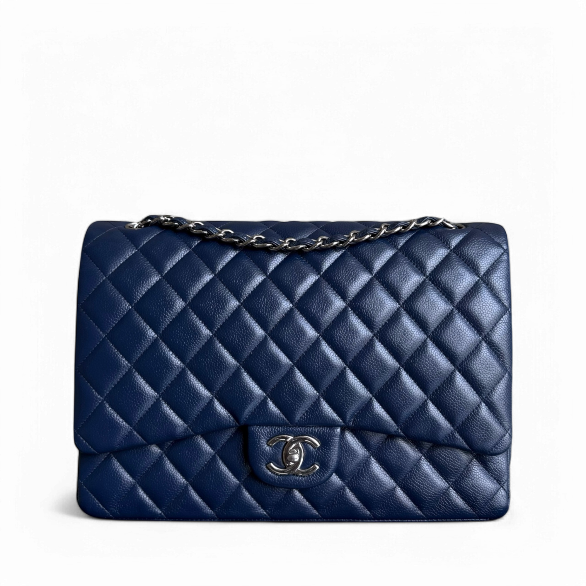 Chanel Classic Flap Maxi - Caviar Double Flap 34CM Quilted Dark Blue Silver Hardware Series 15