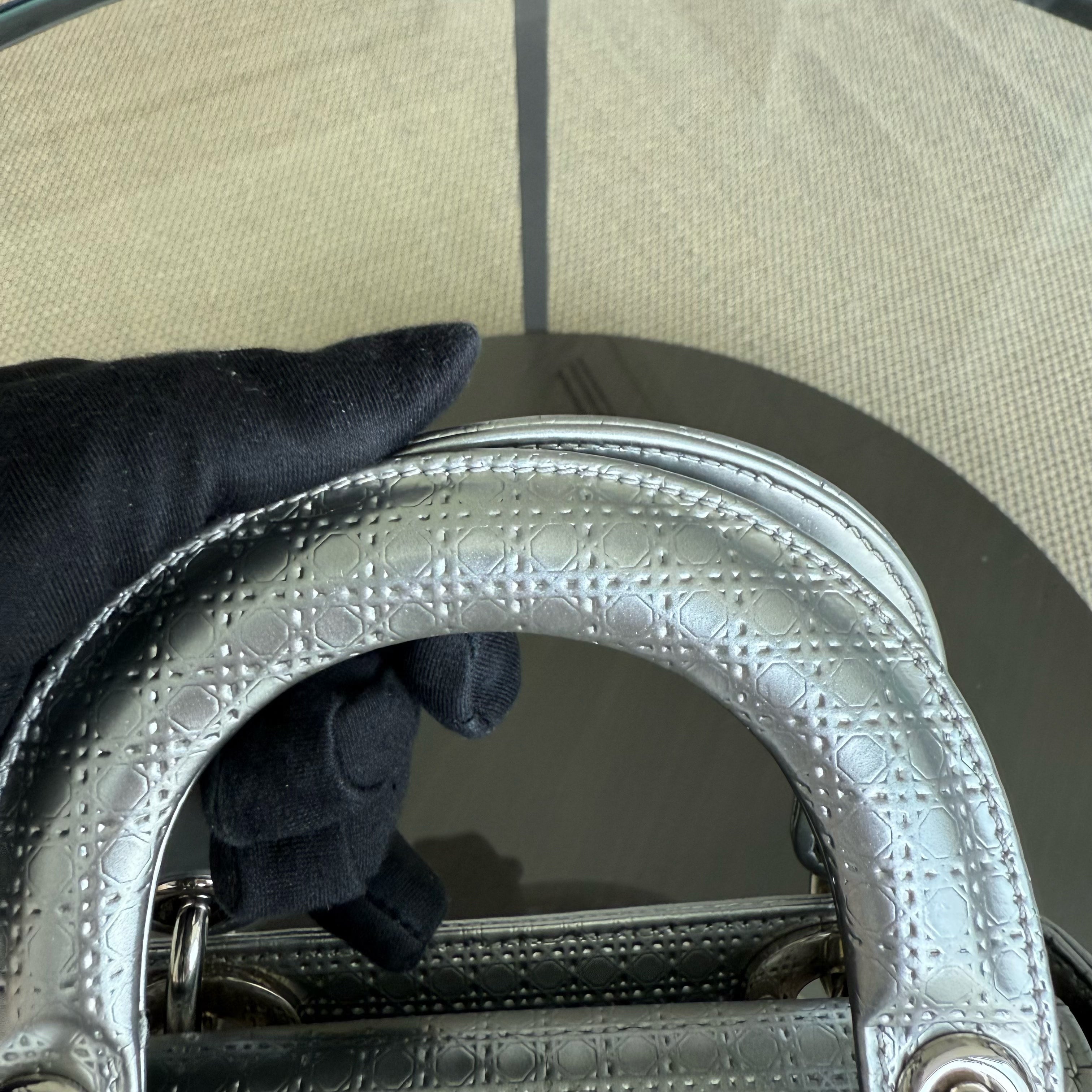 Dior Lady Mini - Micro Cannage Metallic Silver Hardware Adjustable Strap