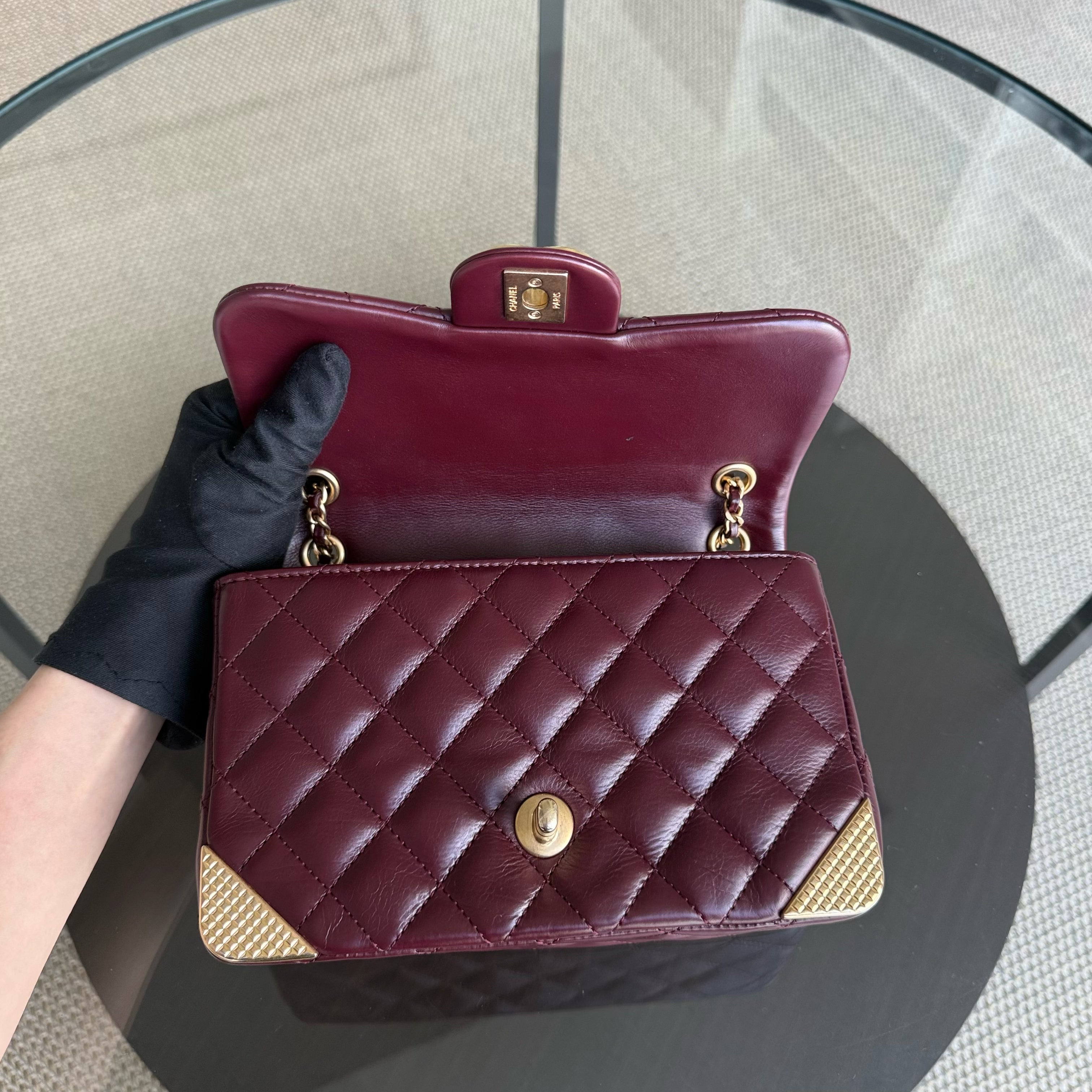 Chanel Classic Flap Rock The Corner - Quilted 20CM Calfskin Dark Burgundy Gold Hardware Series 24