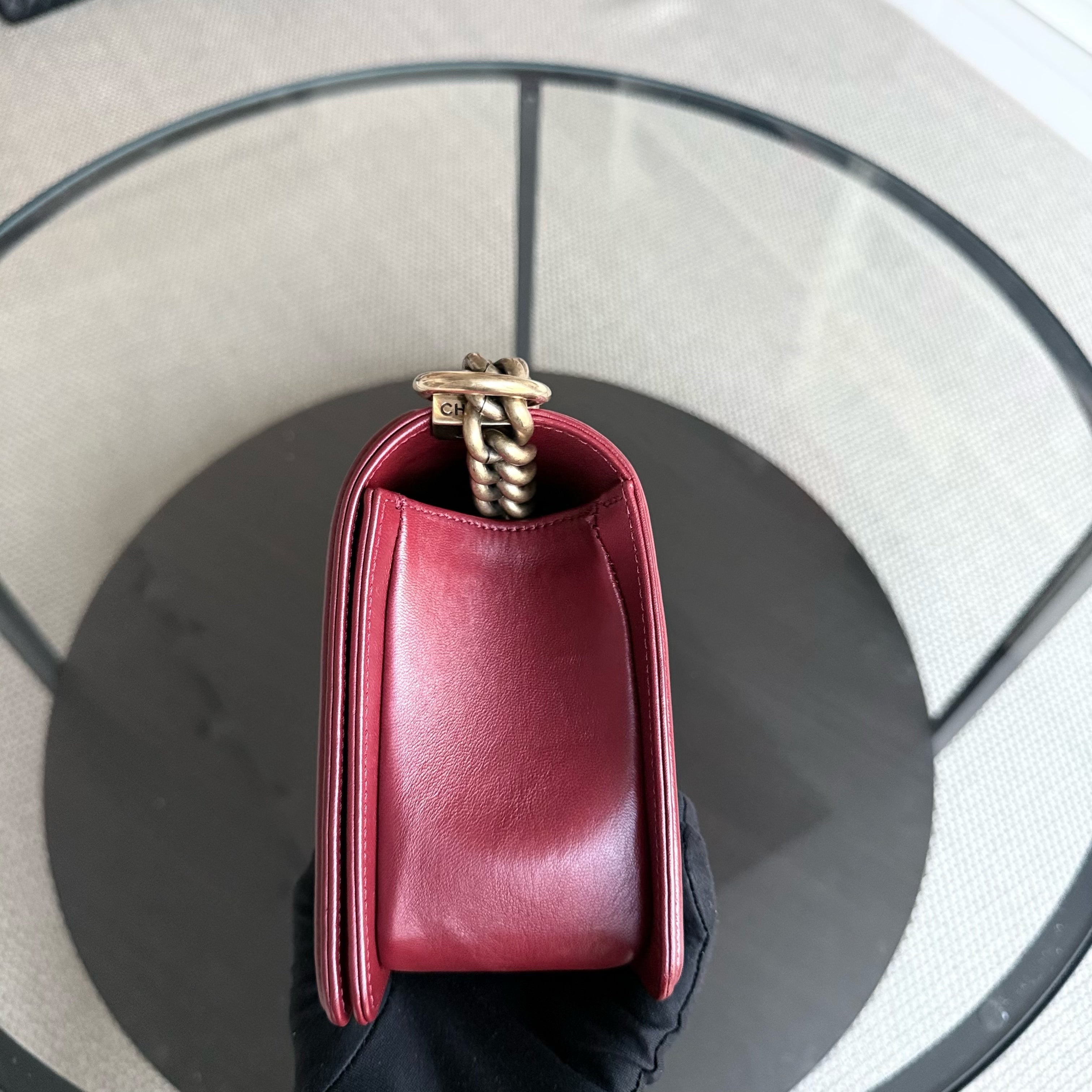 Chanel Boy Medium - 25CM Quilted Lambskin Dark Red Gold Hardware Series 19