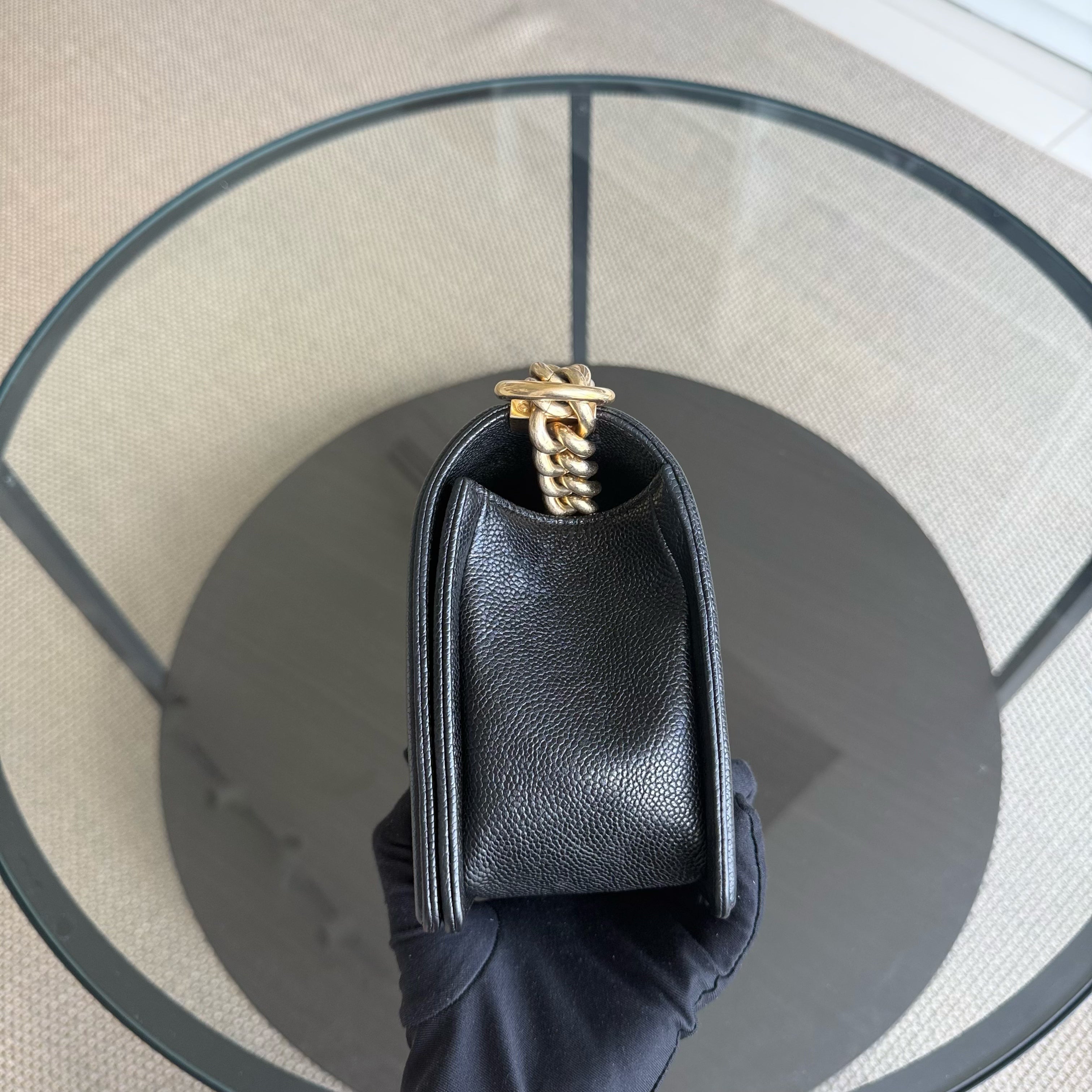 Chanel Boy Medium - Caviar 25CM Quilted Black Aged Gold Hardware Series 23