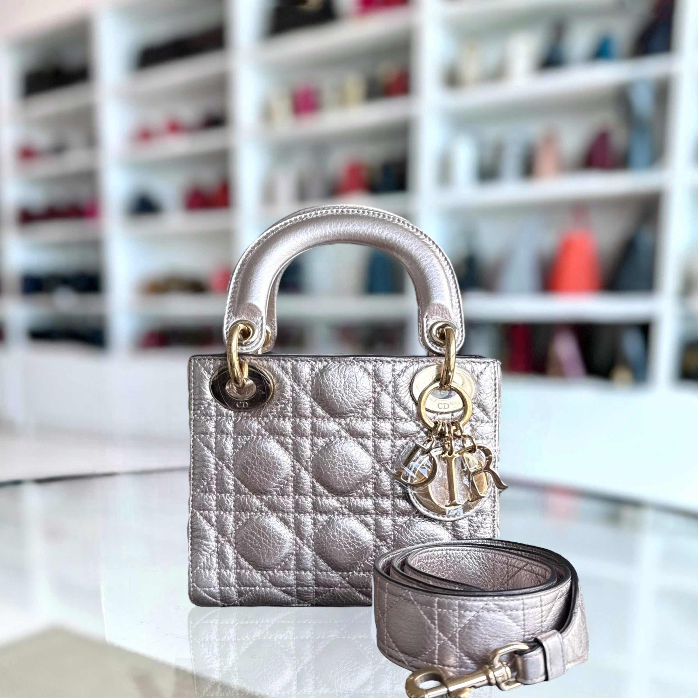 Dior Lady Mini - Cannage Calfskin Metallic Rose Gold Hardware