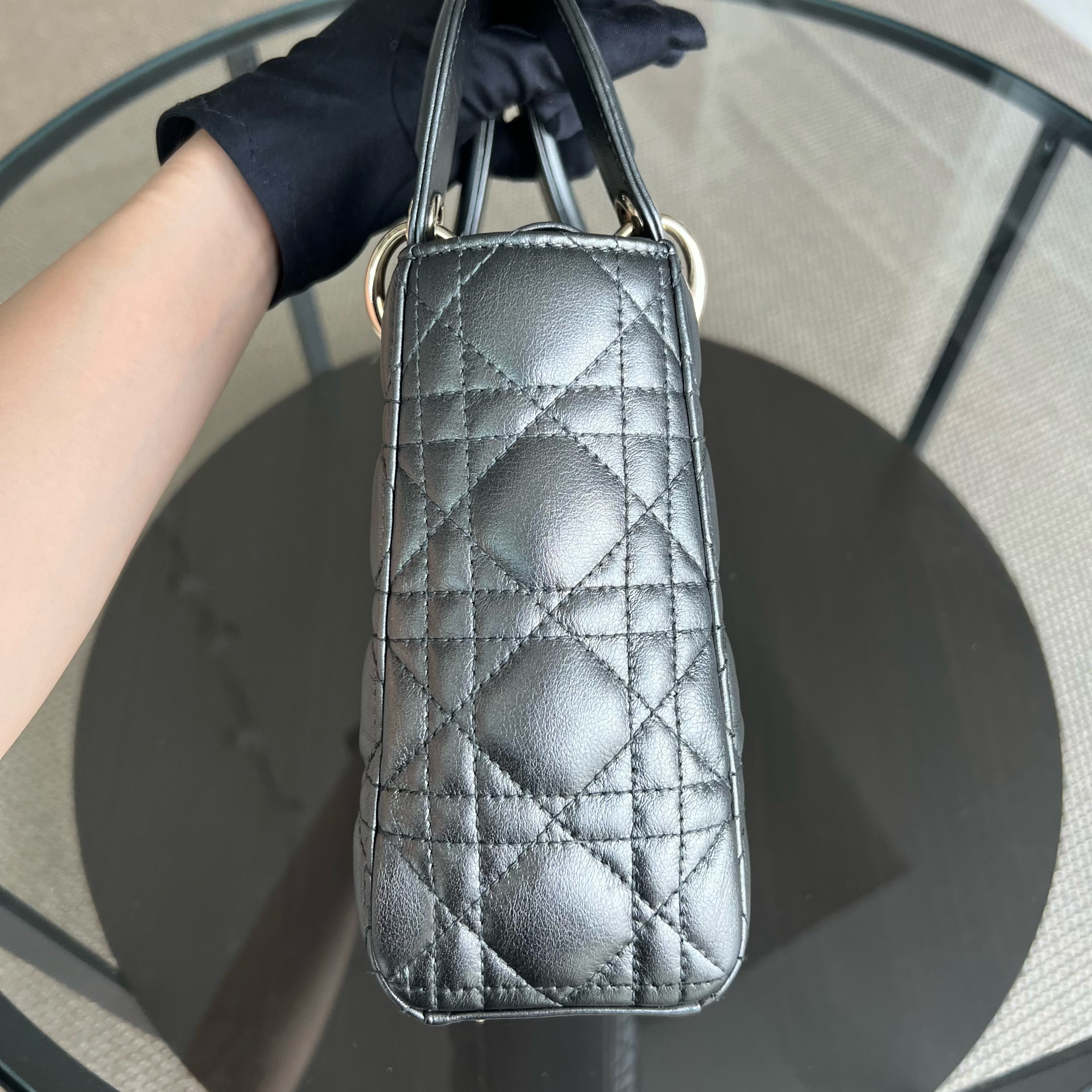 *ABC Strap* Dior Lady Small MyABC Cannage Calfskin Metallic Gunmetal Grey Golden Hardware