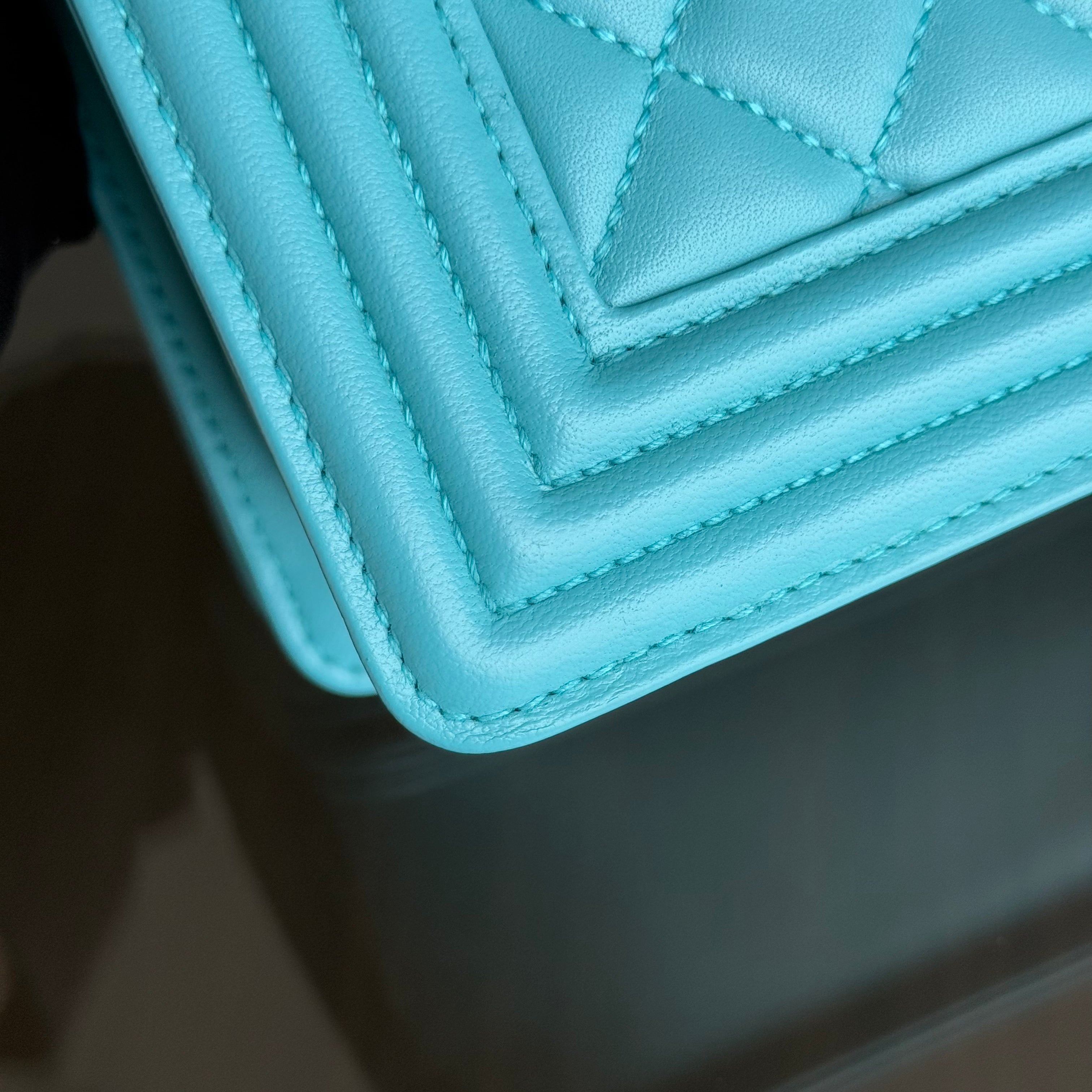 Chanel Boy Medium - 25CM Quilted Lambskin Cyan Blue Ruthenium Silver Hardware Series 19
