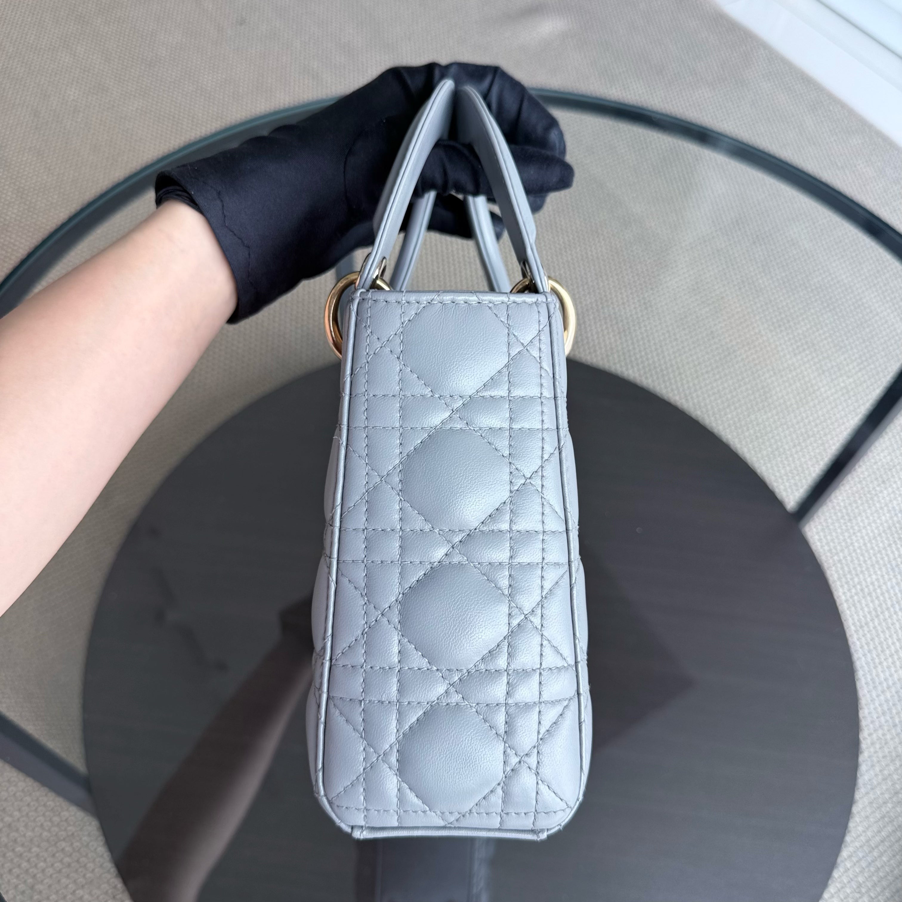 Dior Lady Small - Cannage Lambskin Light Grey Gray Gold Hardware