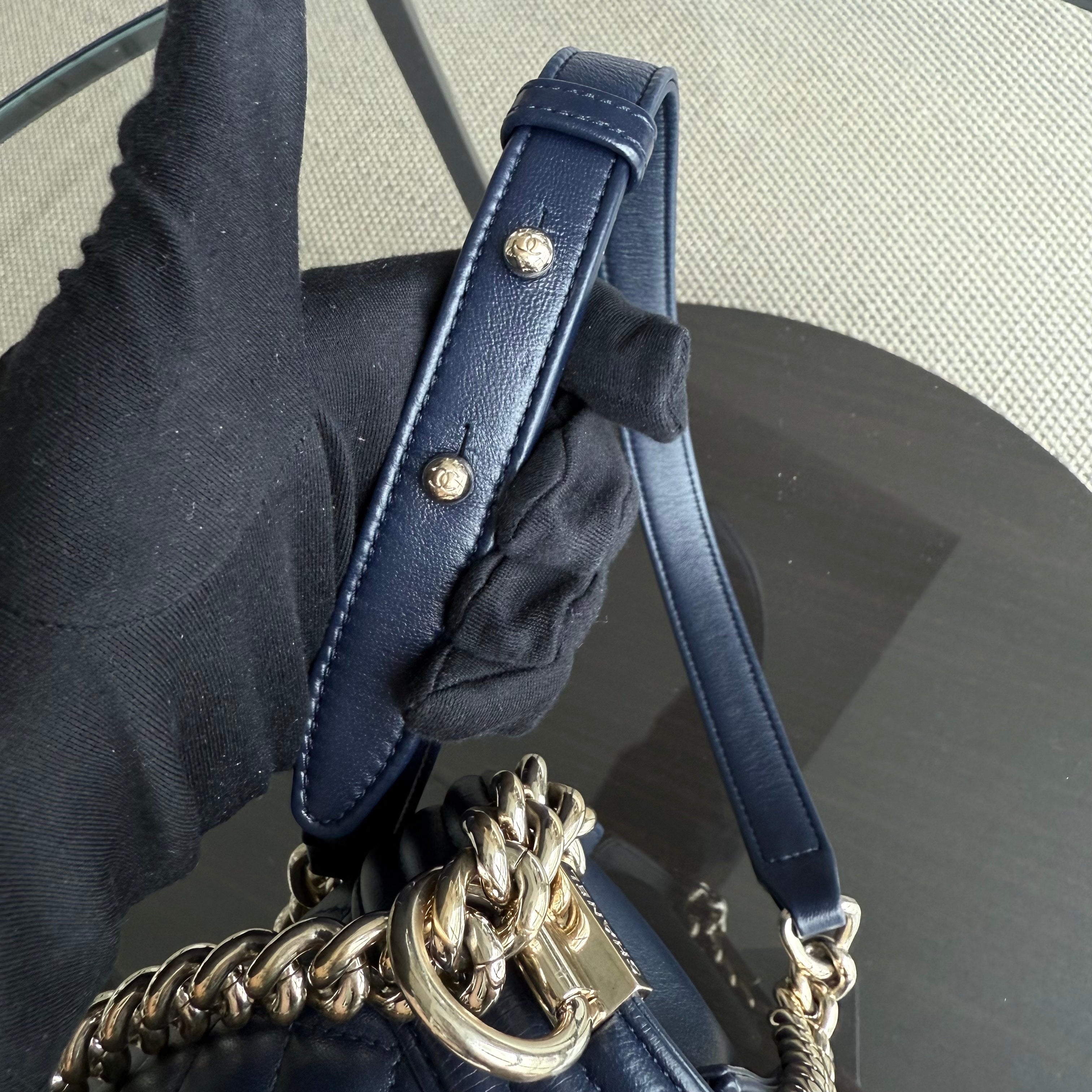 Chanel Boy Medium - 25CM Quilted Lambskin Dark Navy Blue Gold Hardware Series 22