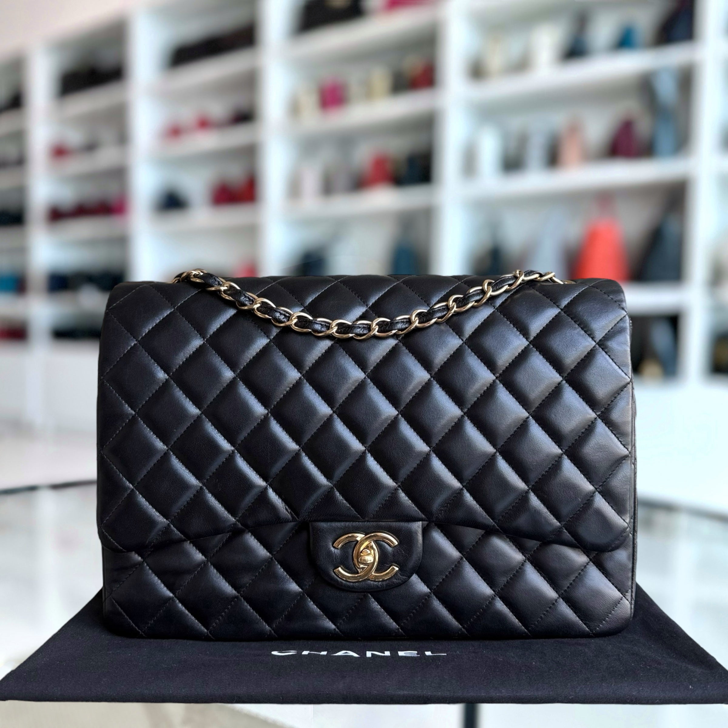 Chanel Classic Flap Maxi - Double Flap 33CM Quilted Lambskin Black Gold Hardware Series 15