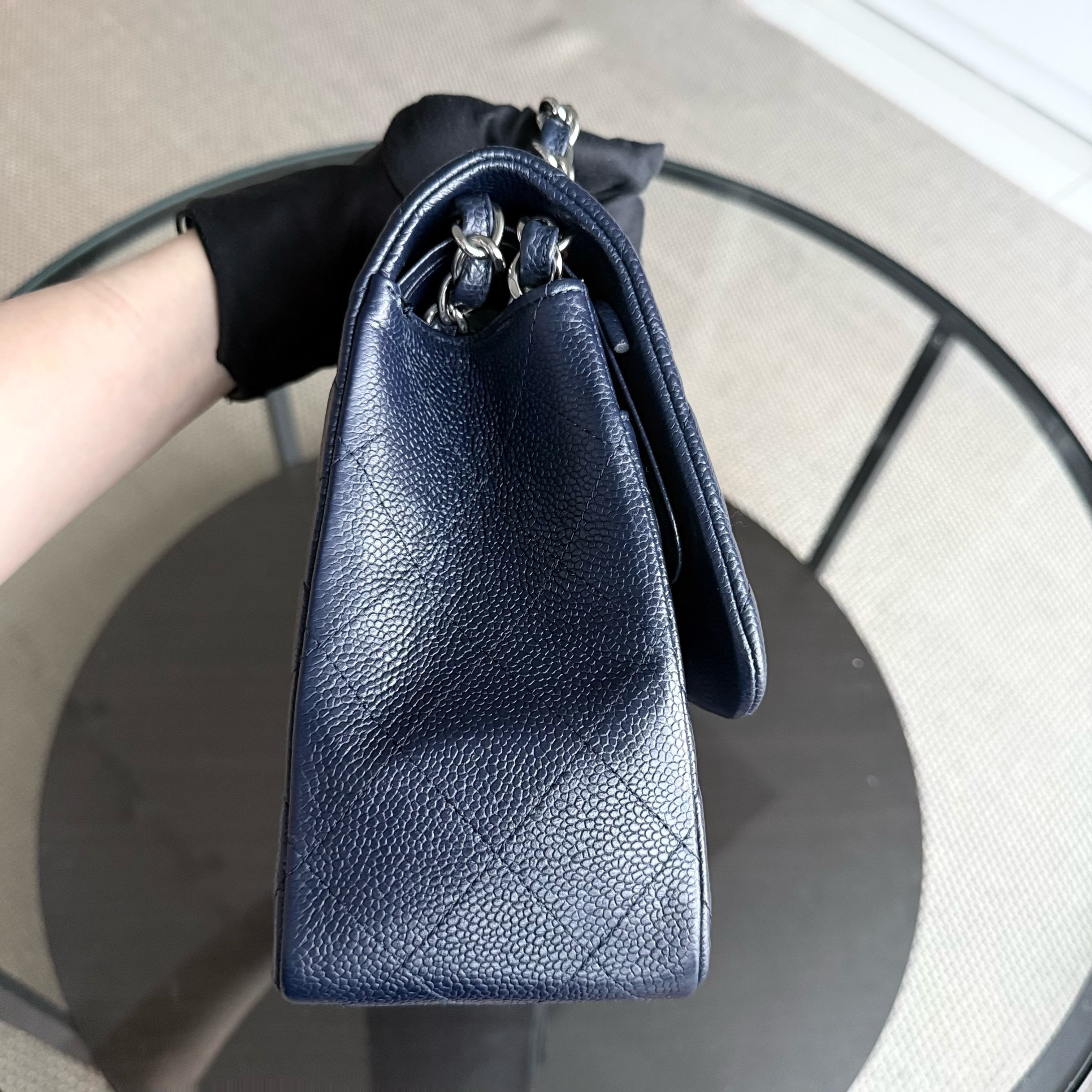 Chanel Classic Flap Jumbo - Caviar Double Flap 30CM Quilted Grained Calfskin Dark Blue Silver Hardware Series 19