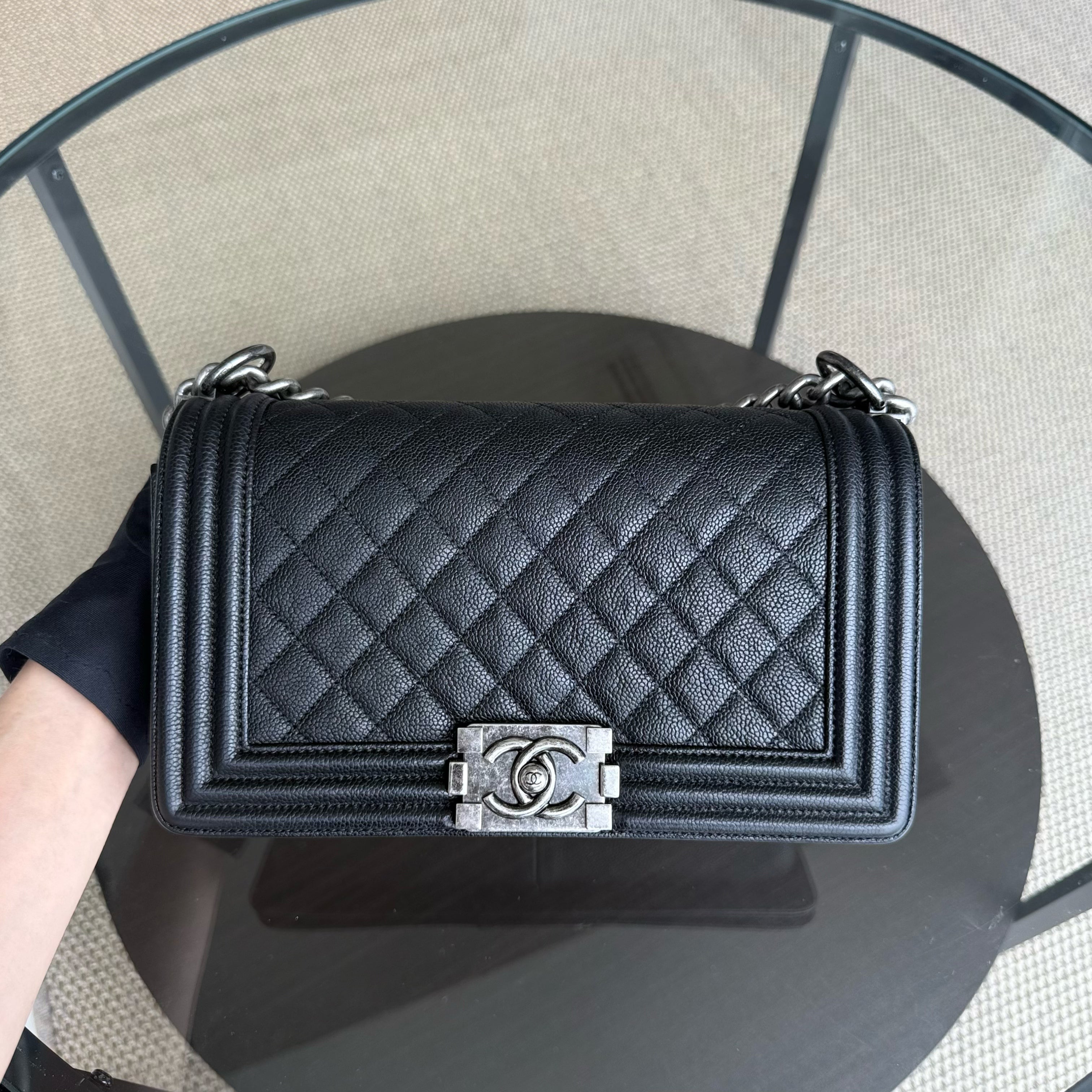 Chanel Boy Medium - Caviar 25CM Quilted Black Ruthenium Silver Hardware Series 23