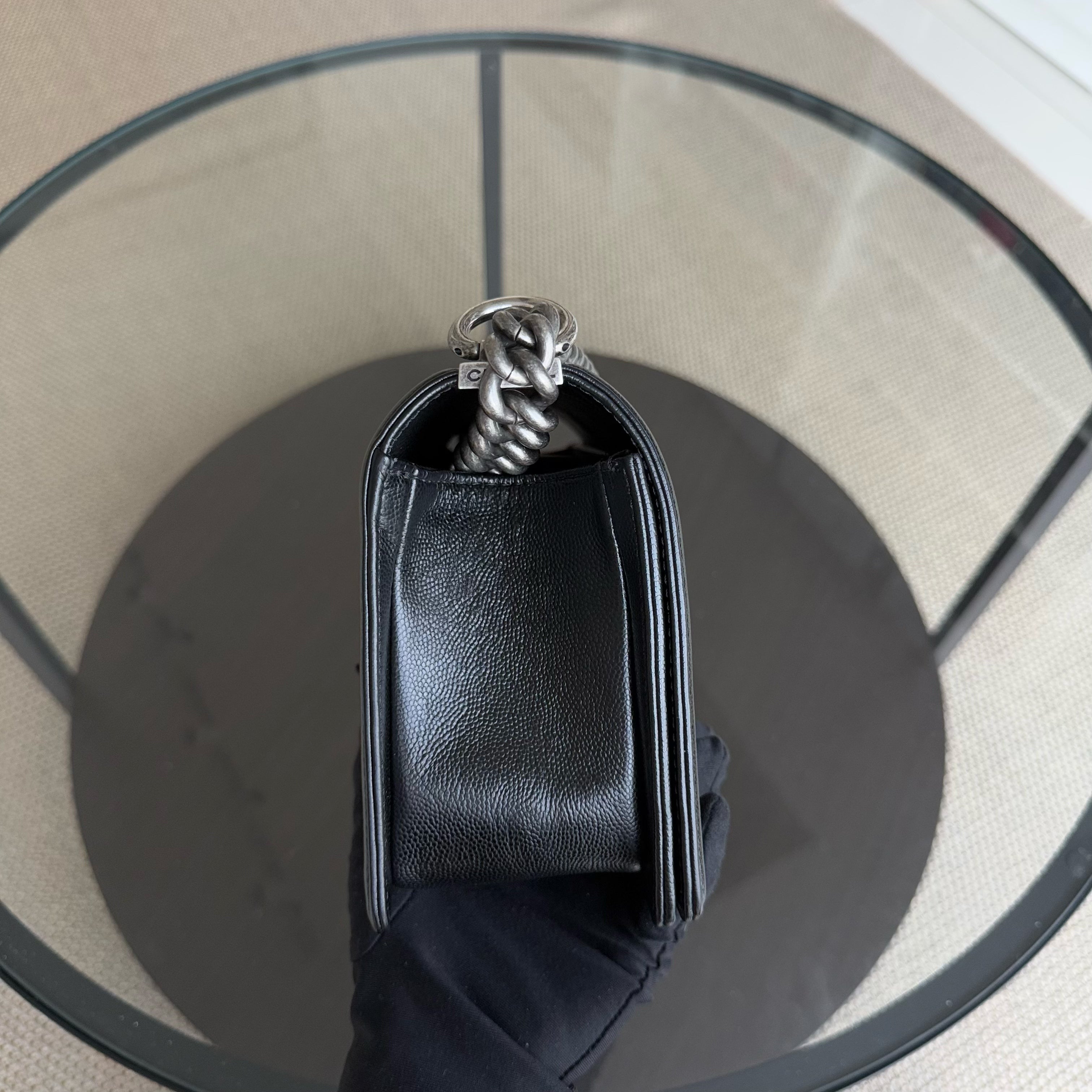 Chanel Boy Medium - Caivar 25CM Quilted Black Ruthenium Silver Hardware