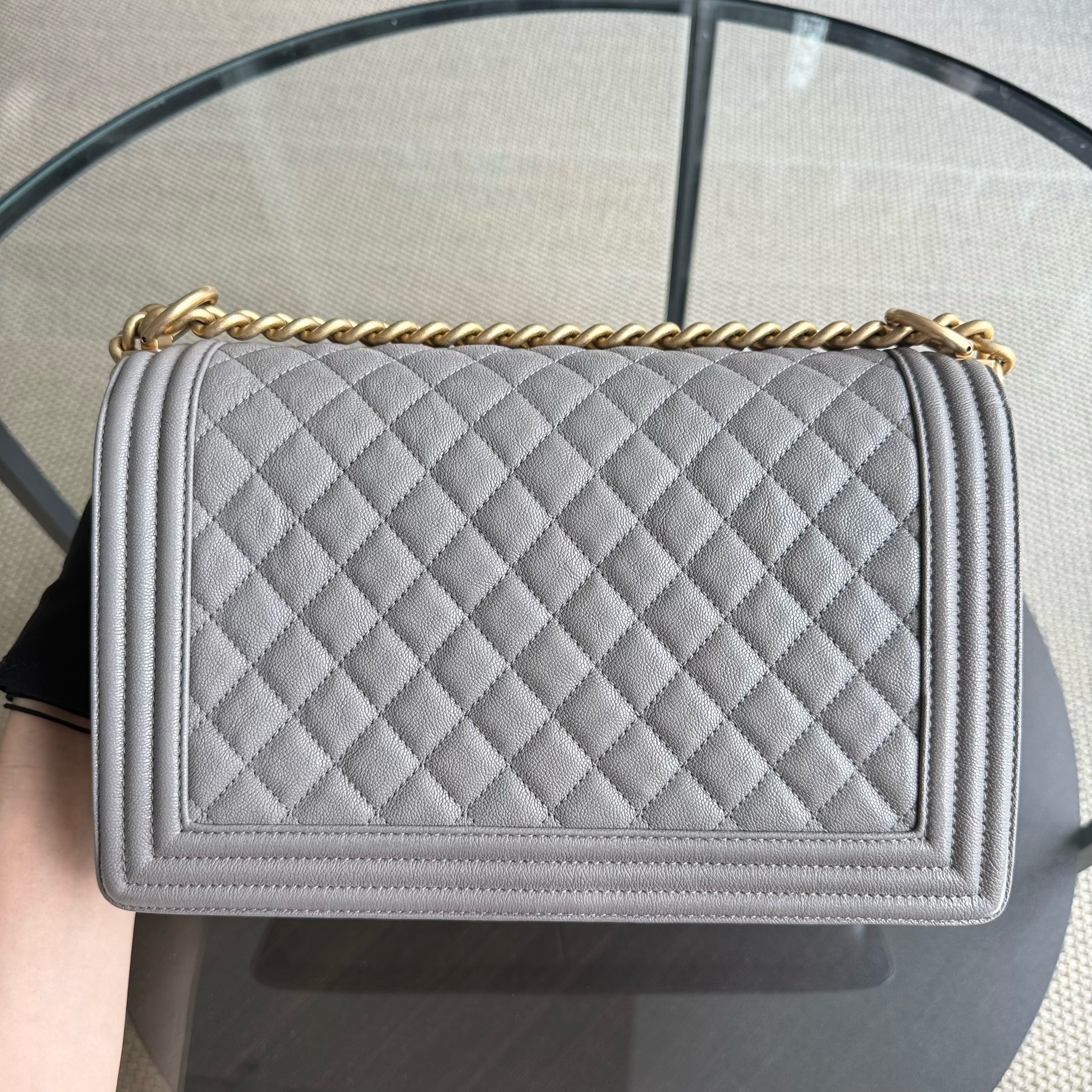 Chanel Boy Medium - Caviar 28CM Quilted Grey Gray Gold Hardware Series 26
