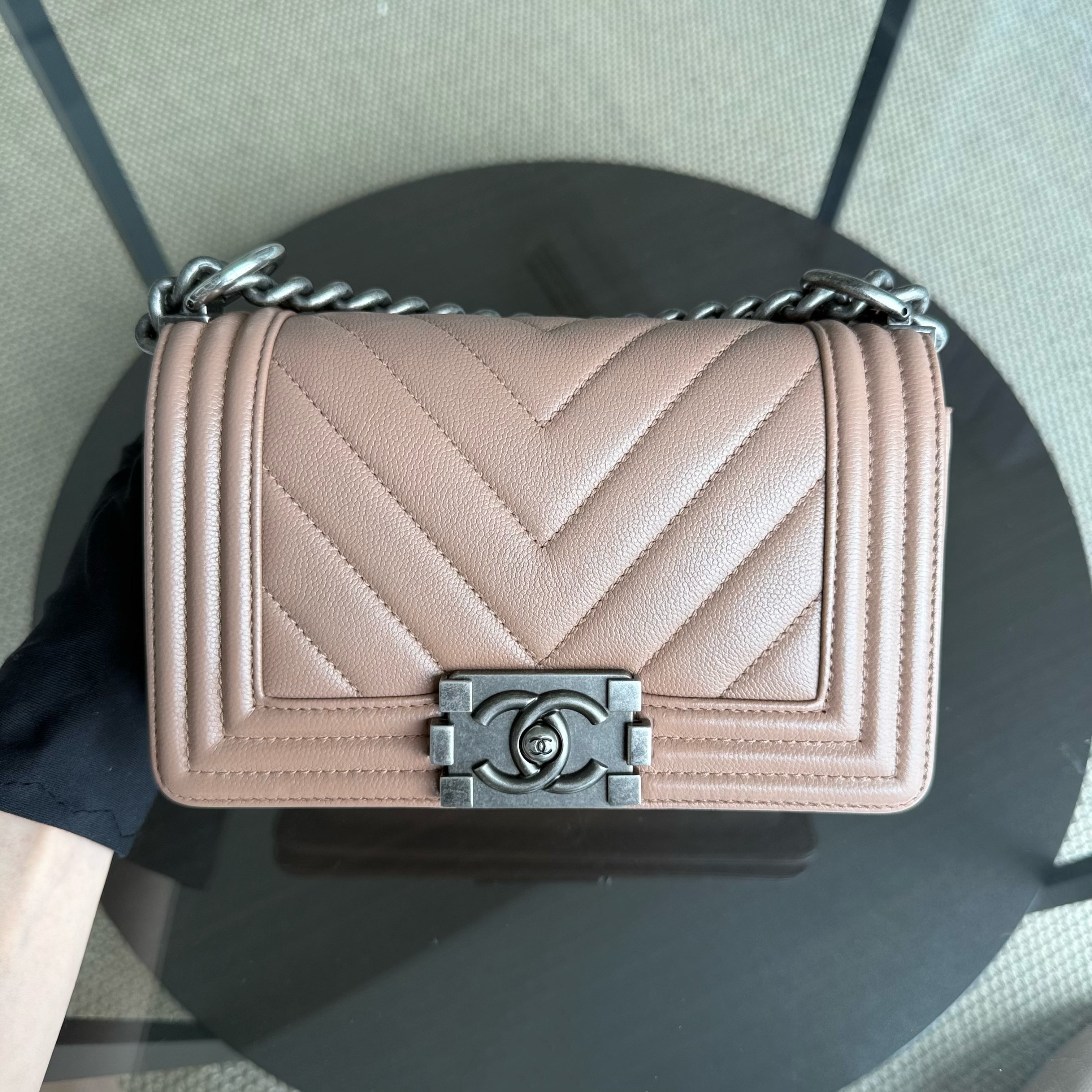 Chanel Boy Small - Caviar Chevron 23CM Dark Beige Blush Ruthenium Silver Hardware Series 24