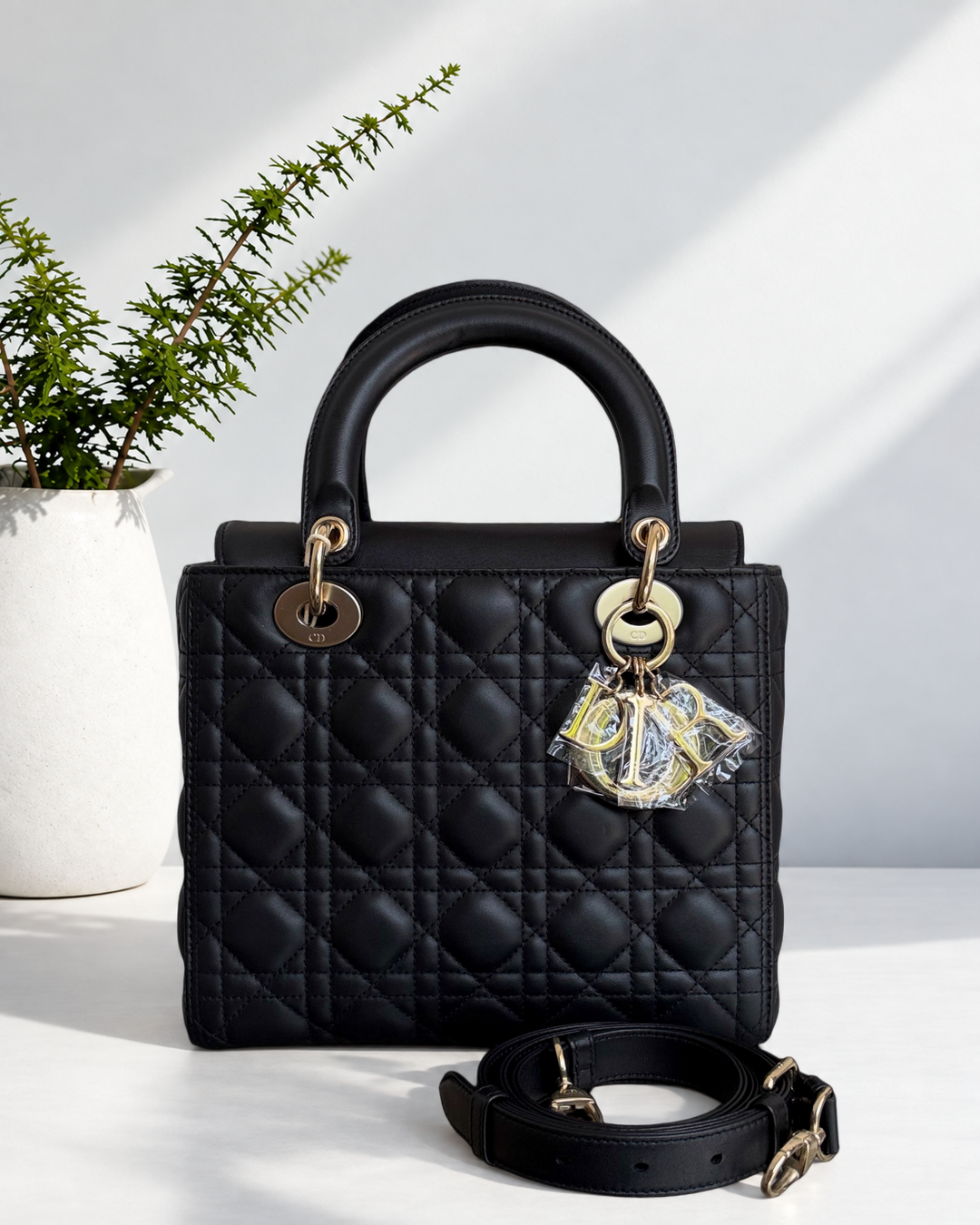 Dior Lady Medium - Flap Open Cannage Lambskin Black Gold Hardware