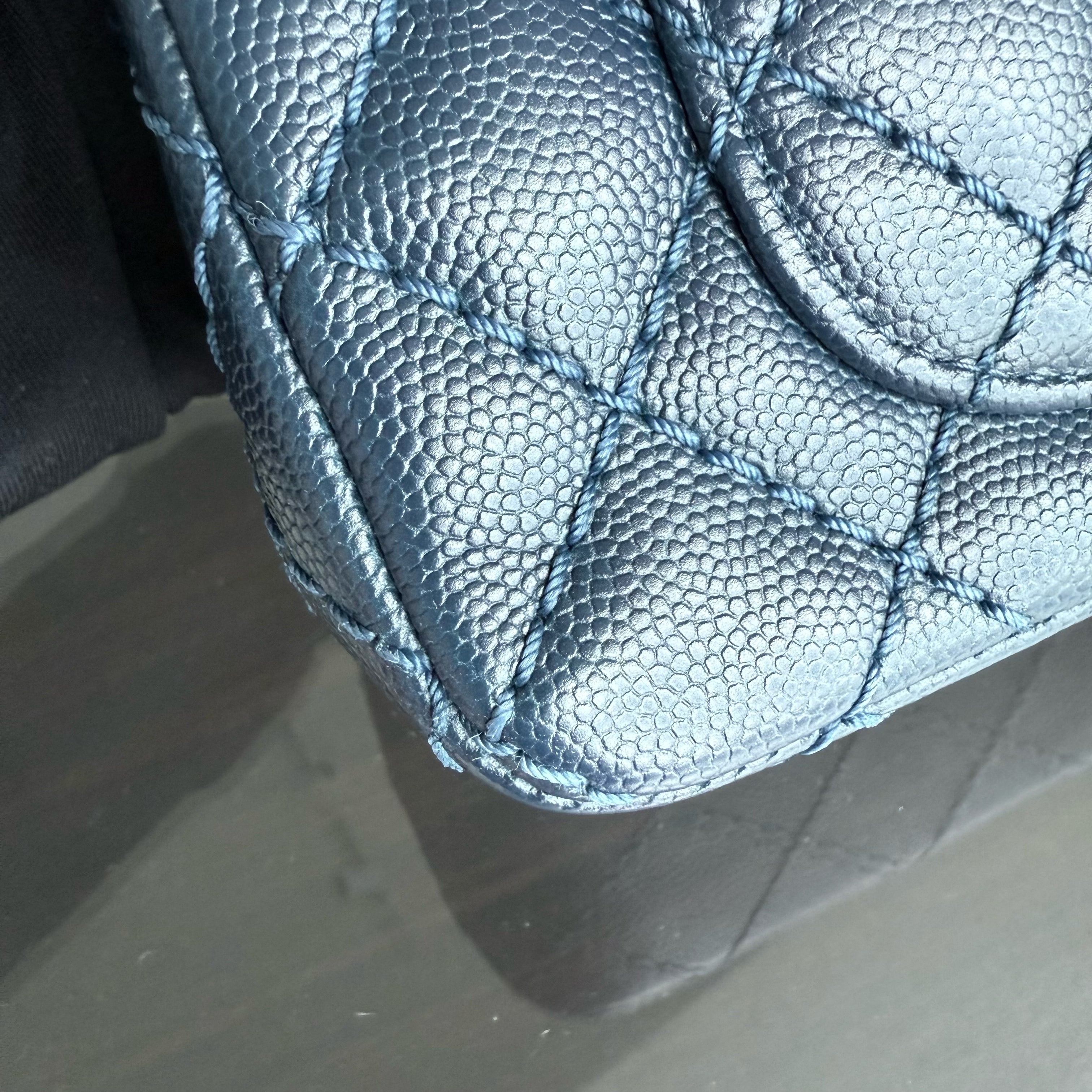 Chanel Classic Flap Mini Rectangle - Caviar 20CM Quilted Dark Blue Ruthenium Silver Hardware Series 23