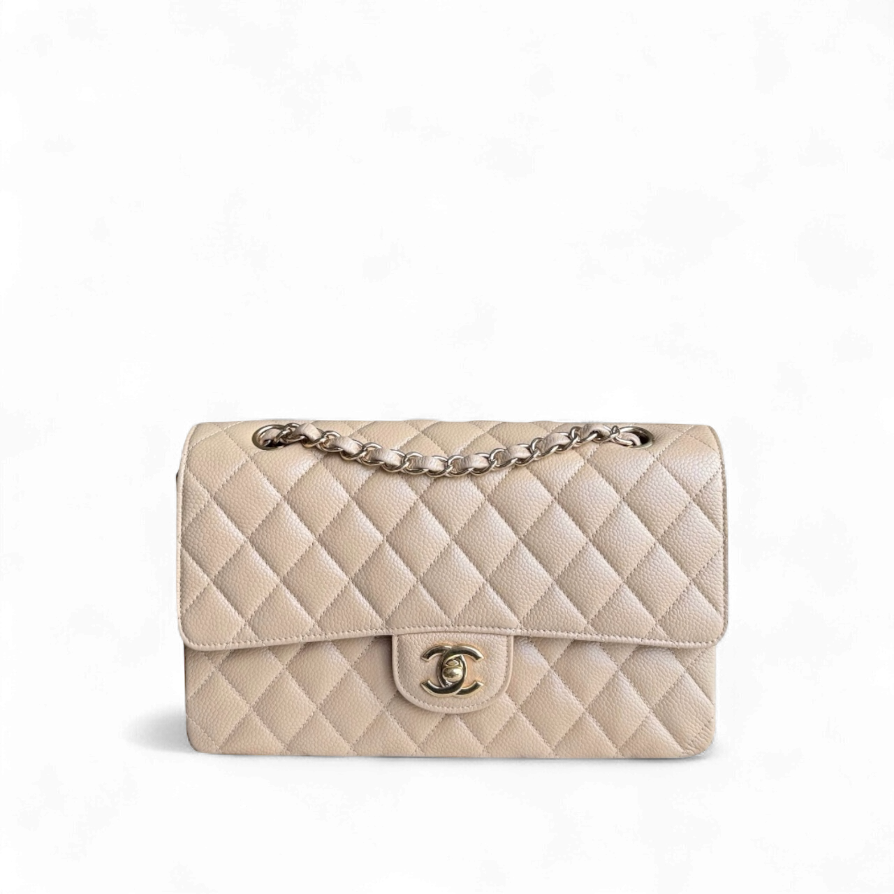 Chanel Classic Flap Medium - Caviar 25CM Quilted Grained Calfskin Beige Gold Hardware Series 18