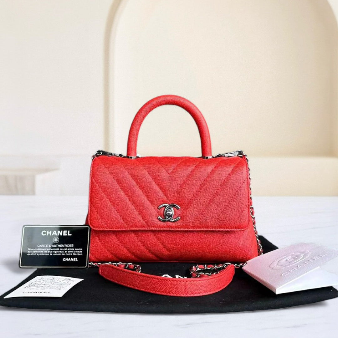 Chanel Caviar Small Coco Handle Chevron Calfskin Light Red Silver Hardware Series 28