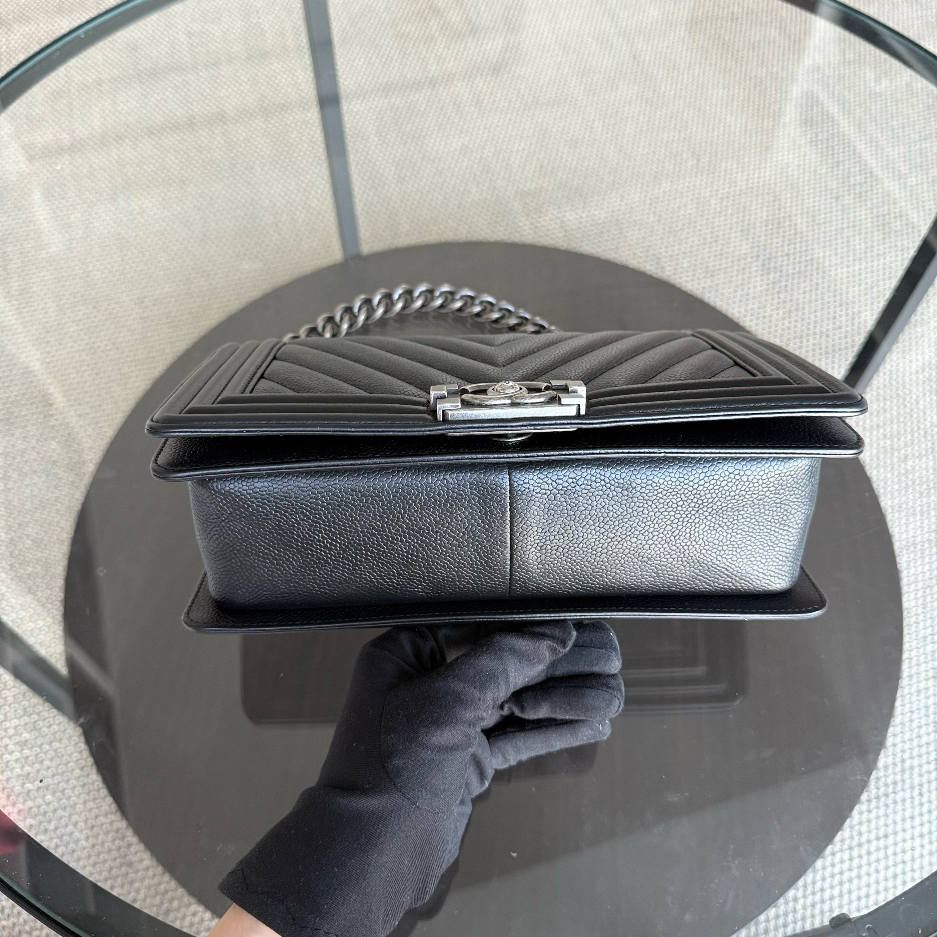 Chanel Boy Medium - 25CM Chevron Caviar Black Ruthenium Silver Hardware Series 29