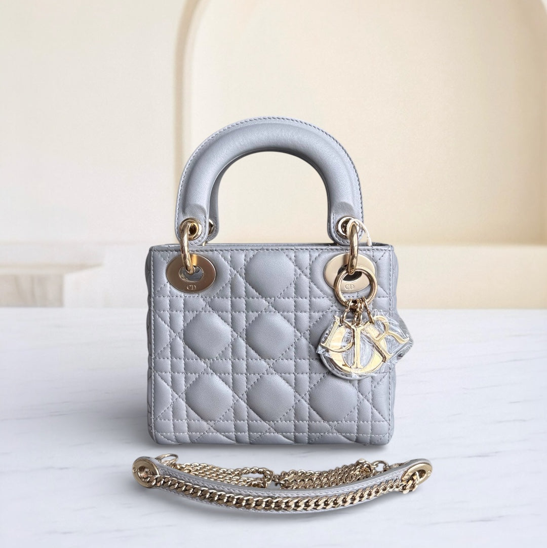 Dior Lady Mini - Cannage Lambskin Gray Gold Hardware Chain Strap