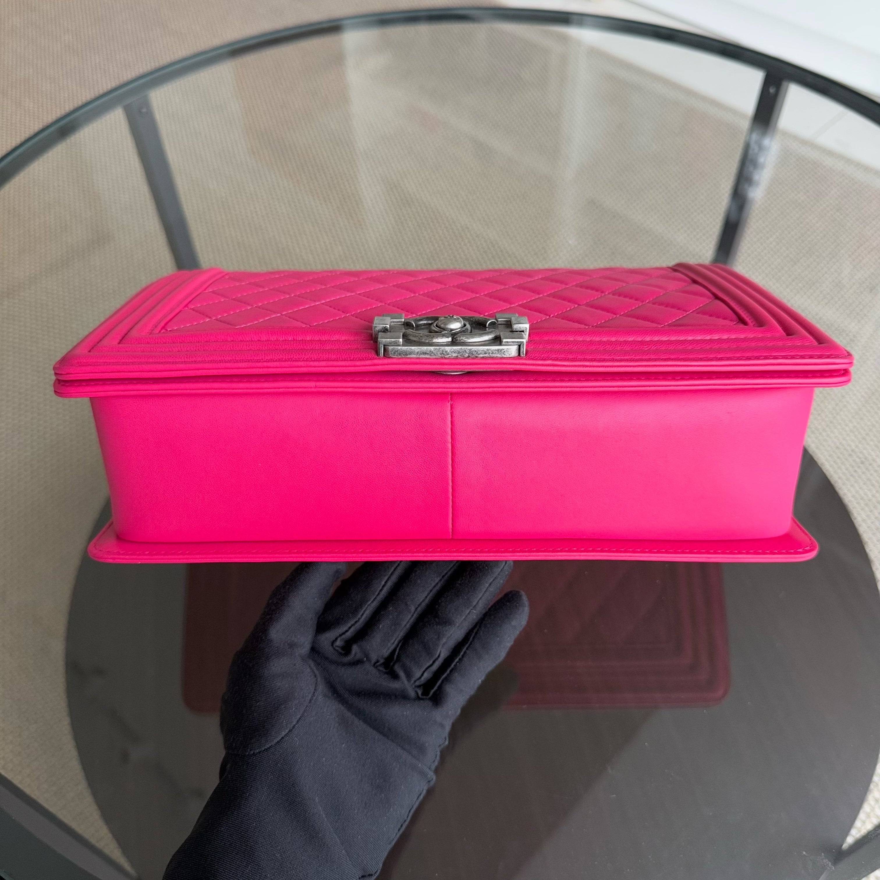 Chanel Boy Medium - 28CM Quilted Lambskin Hot Pink Ruthenium Silver Hardware Series 19
