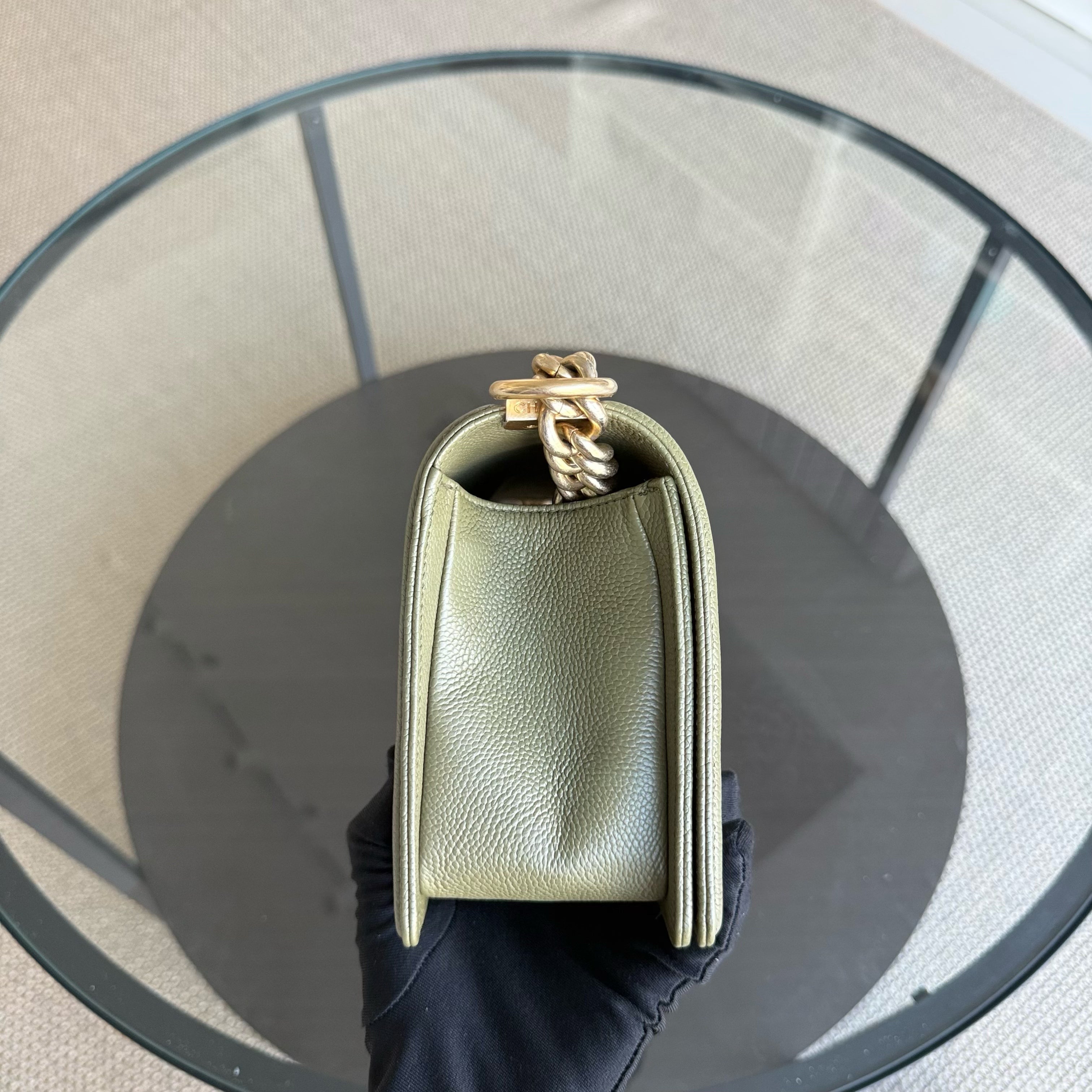 Chanel Boy Medium - Caviar 25CM Quilted Green Gold Hardware