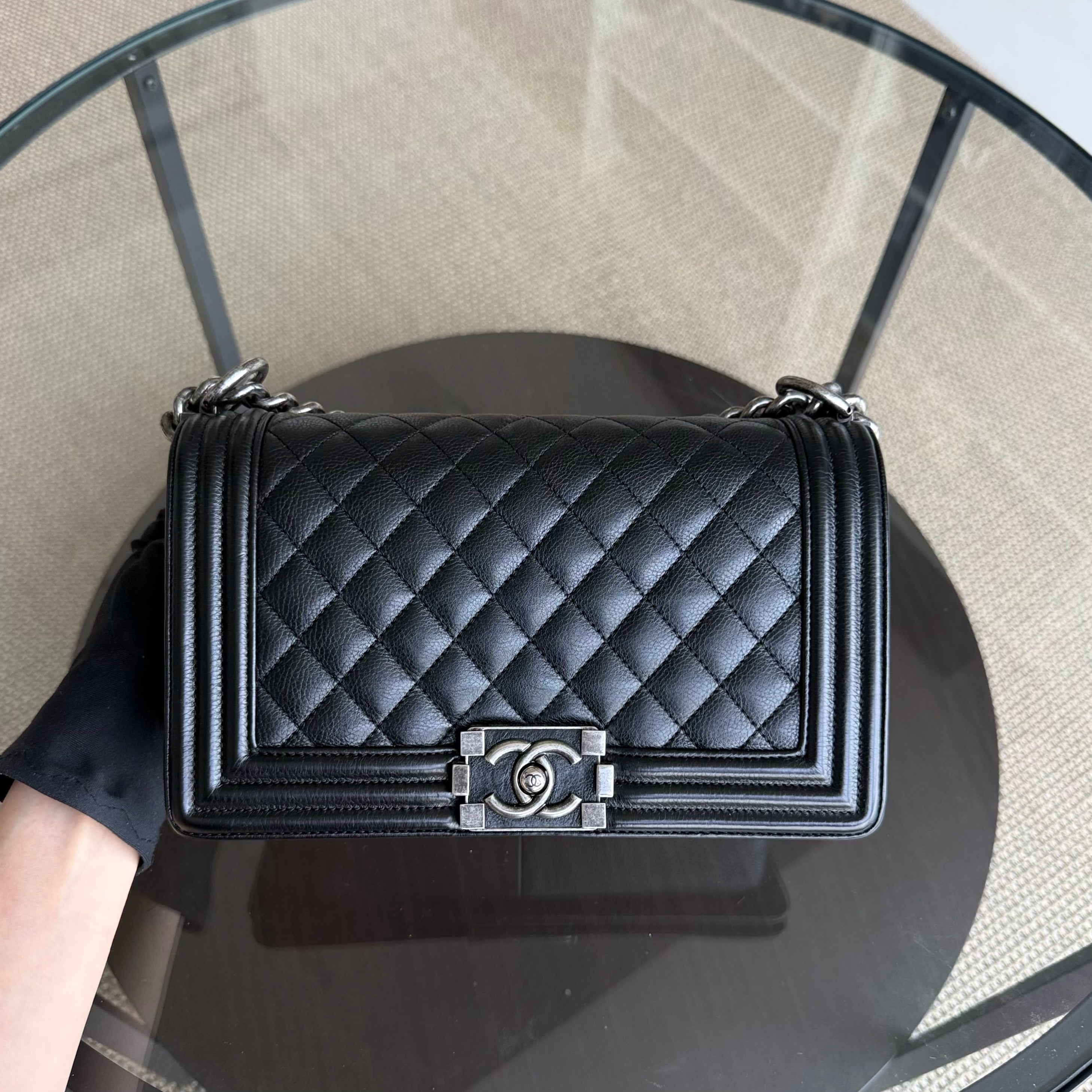 Chanel Boy Medium - 25CM Quilted Grained Calfskin Black Silver Hardware Series 23